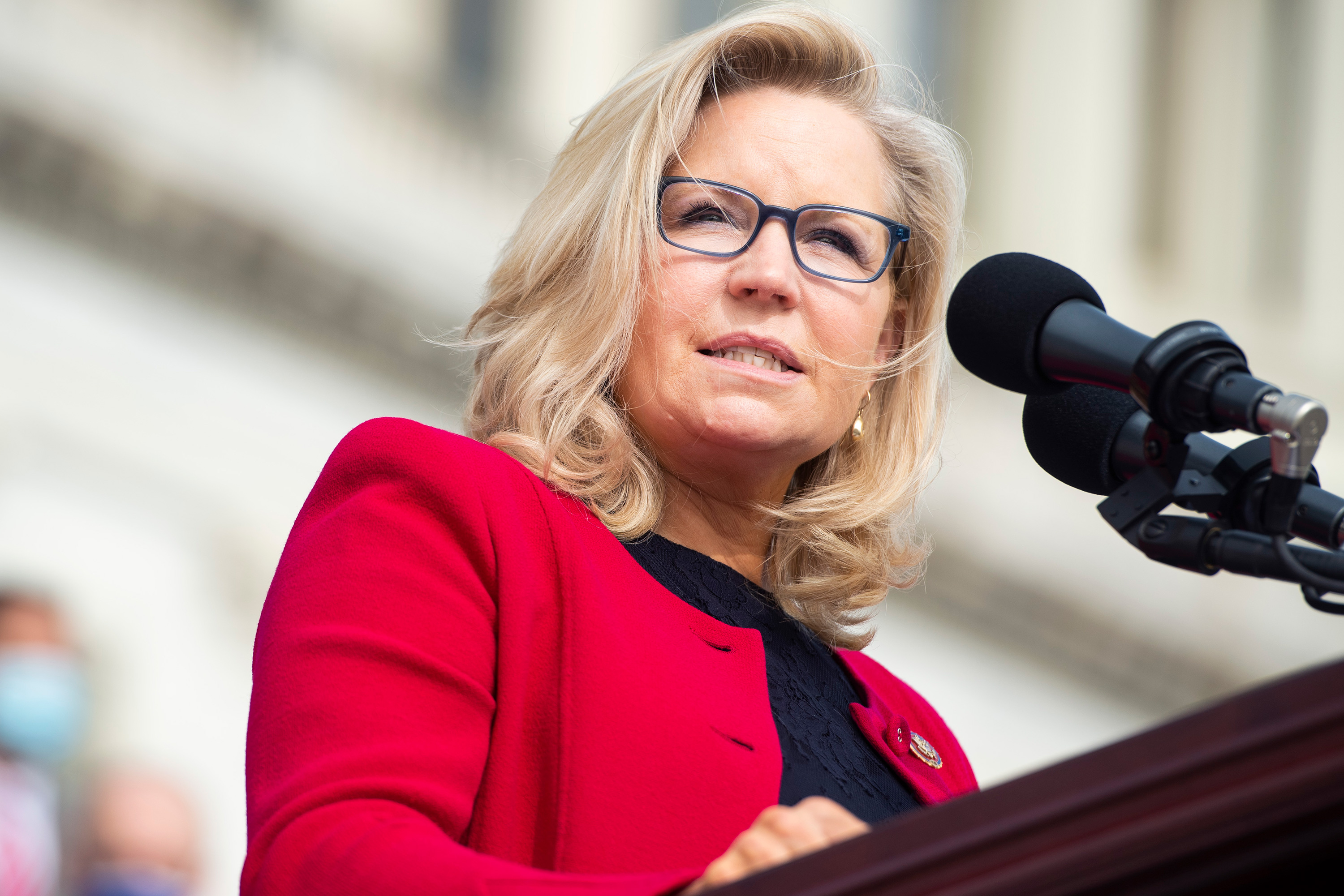 Rep. Liz Cheney speaks during an event on the House steps of the Capitol on September 15, 2020 in Washington, DC.