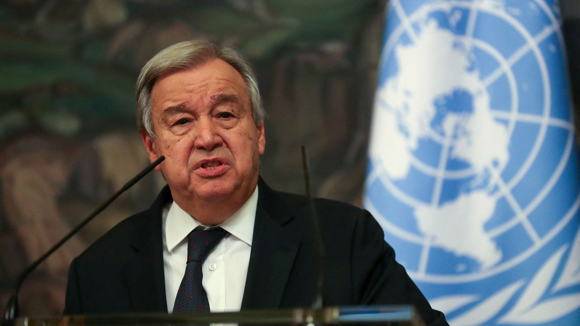 United Nations Secretary-General António Guterres speaks during a press conference in Moscow on April 26.
