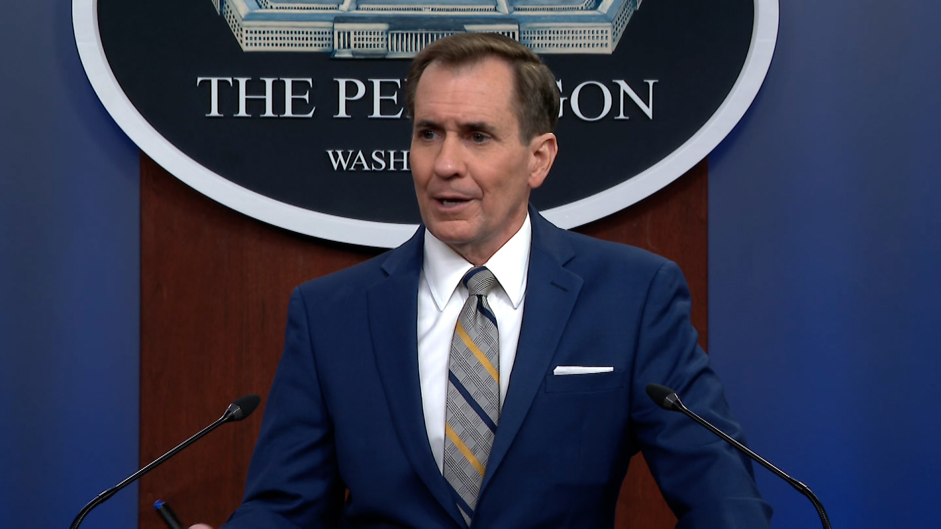 Pentagon press secretary John Kirby speaks during a news briefing on Thursday March 31.