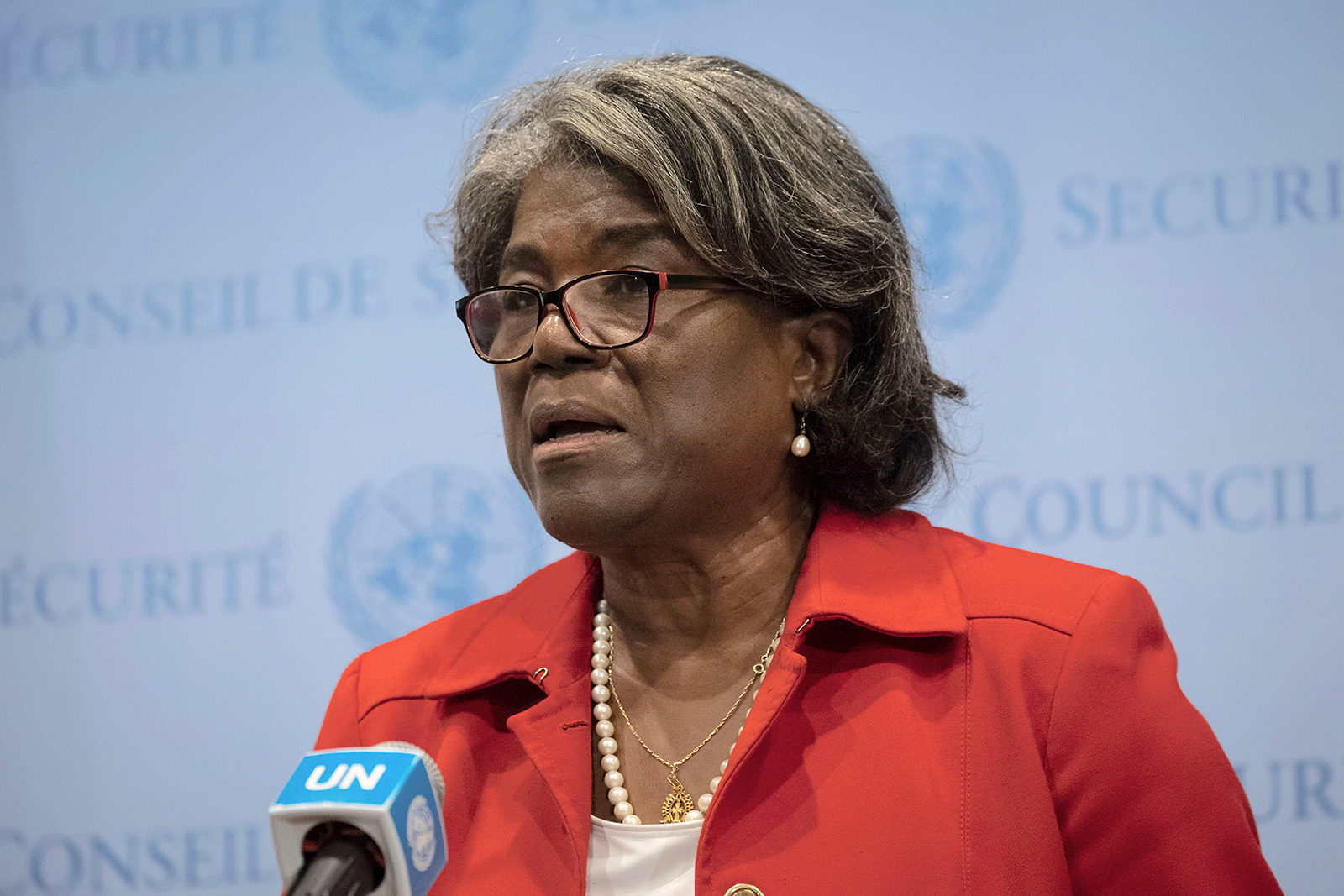 U.S. Representative to the United Nations Linda Thomas-Greenfield speaks during a press conference, in the United Nations Security Council, on Wednesday, September 7.