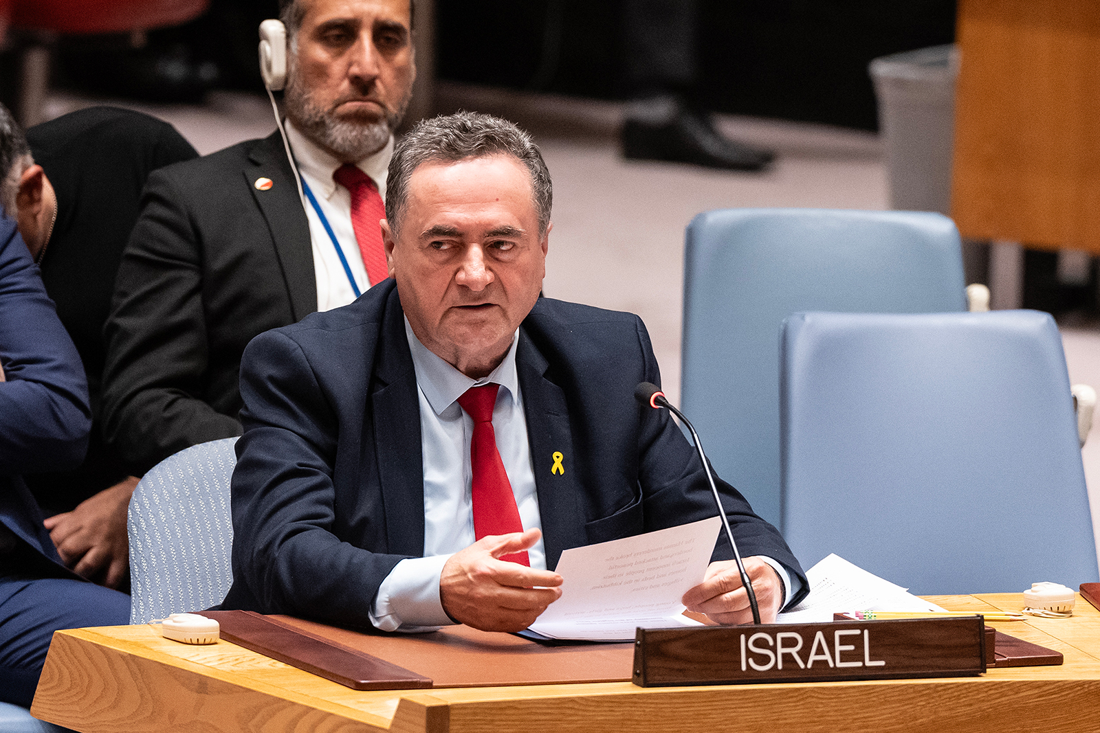 Israel Foreign Minister Israel Katz speaks during a Security Council meeting at UN Headquarters, New York on March 11. 