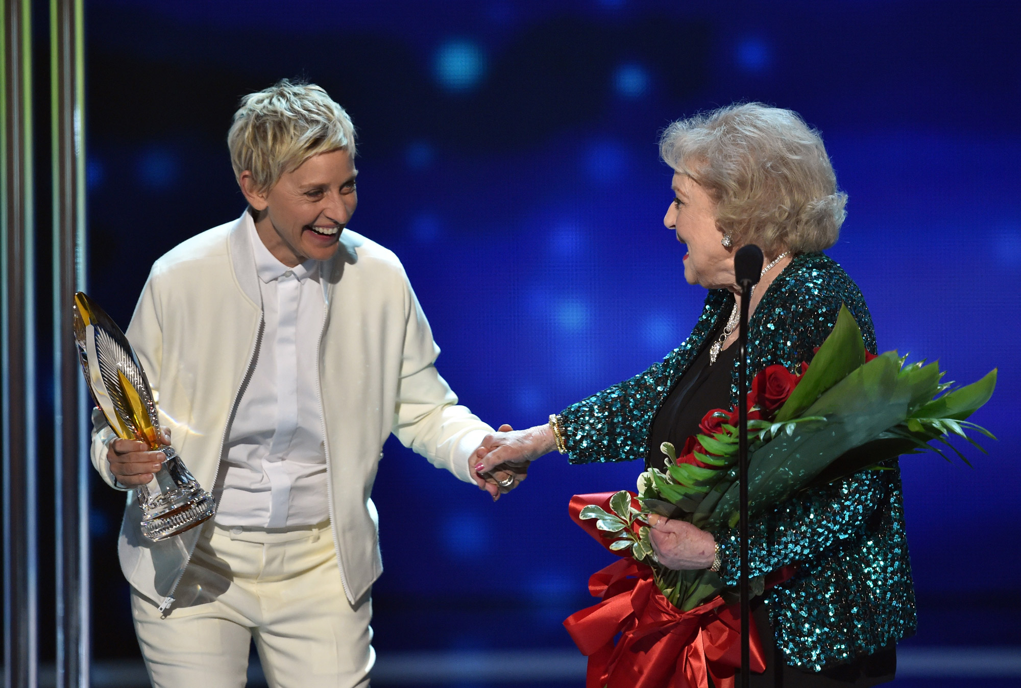 Ellen DeGeneres, left, and Betty White talk  onstage astatine  The People's Choice Awards astatine  Nokia Theatre LA Live connected  January 7, 2015, successful  Los Angeles.