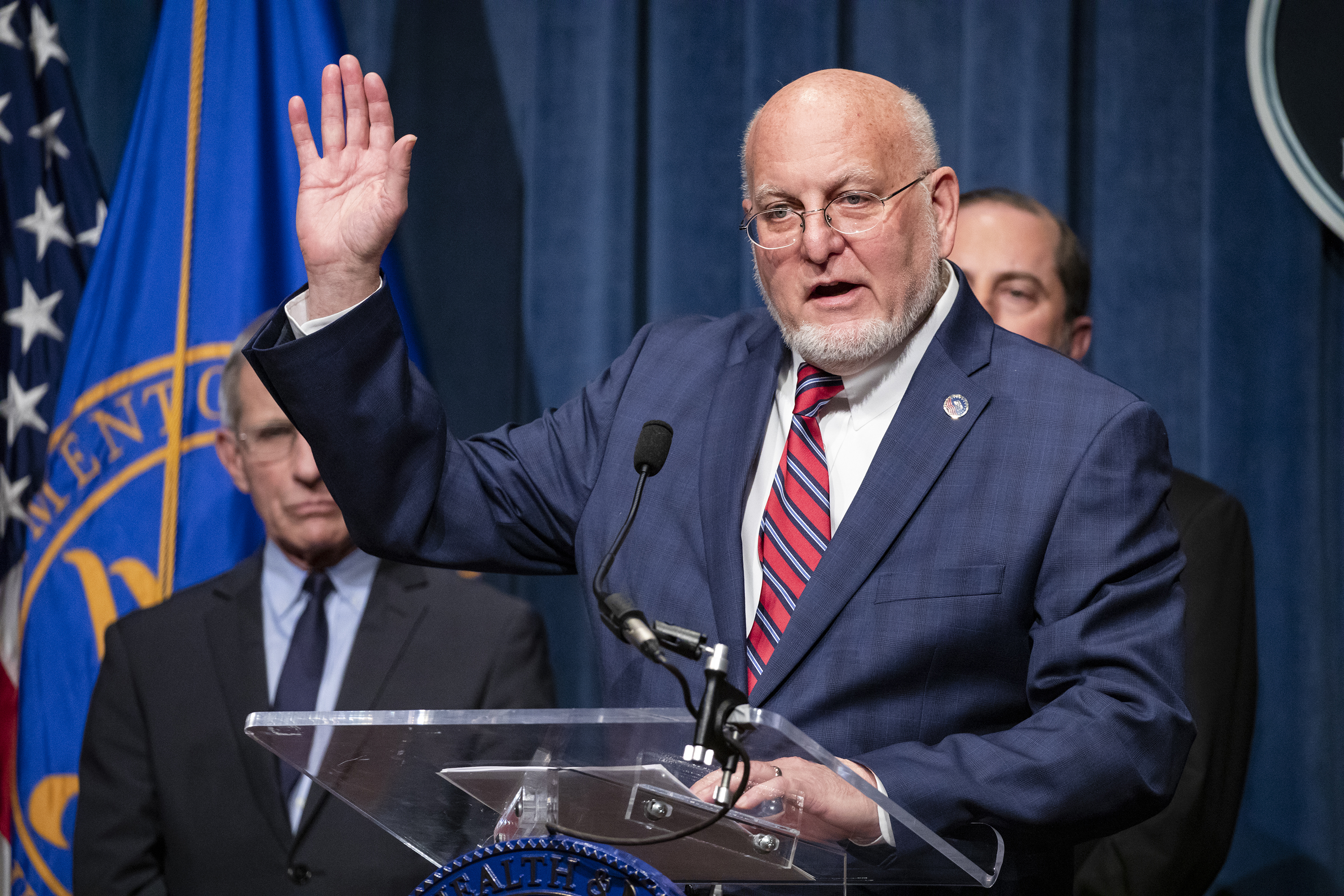Centers for Disease Control and Prevention Director Dr. Robert Redfield speaks during a press conference on Friday, February 7, in Washington, DC.