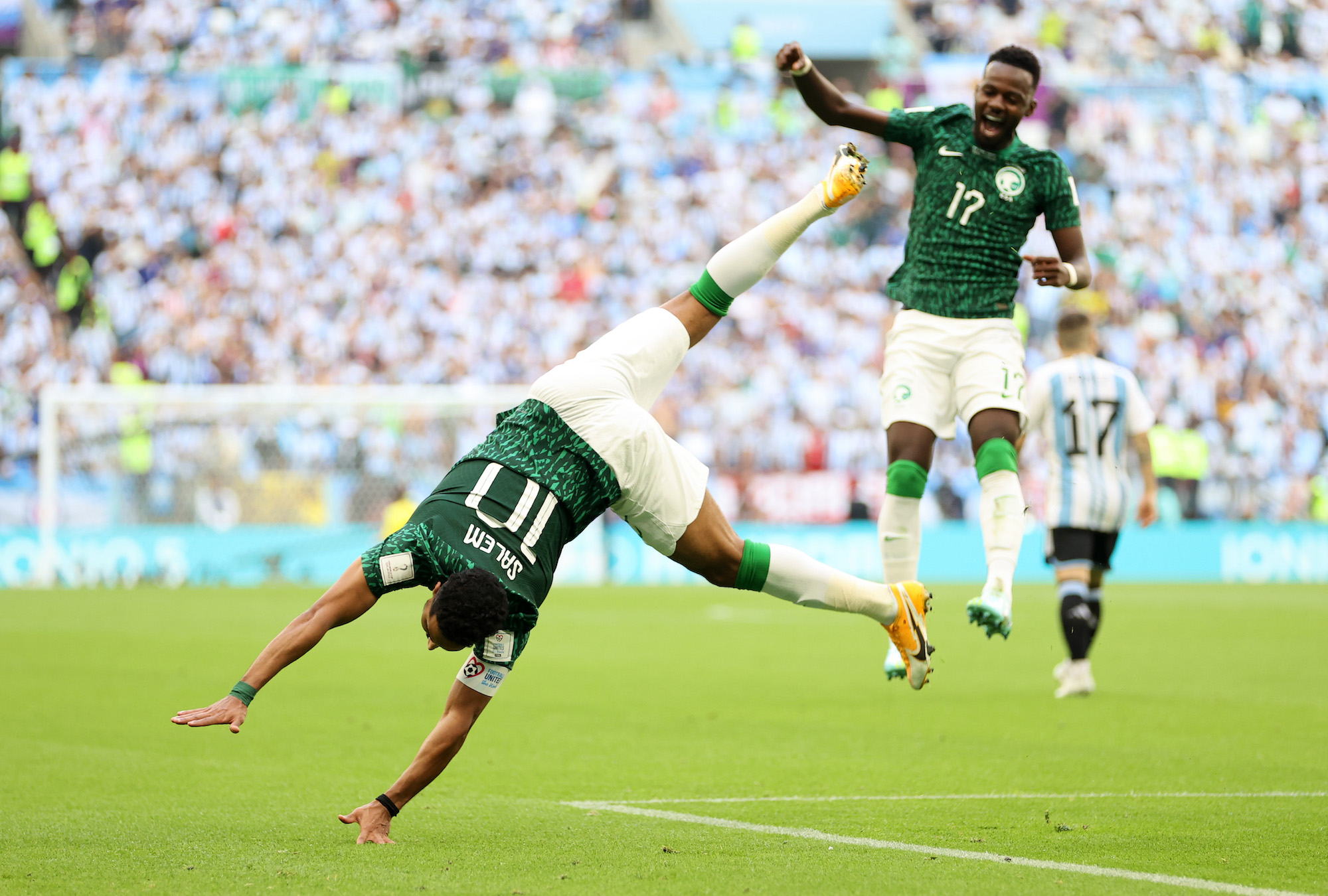 Salem Aldawsari celebrates after he scores Saudi Arabia's second goal against Argentina at Lusail Stadium on Tuesday.