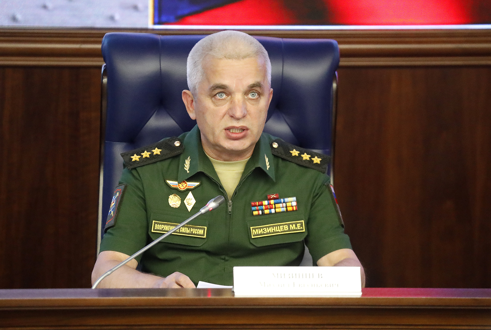 Mikhail Mizintsev, Russia's Colonel General and head of the National Centre for State Defence Control, speaks at a briefing in Moscow, Russia, on July 25, 2018. 