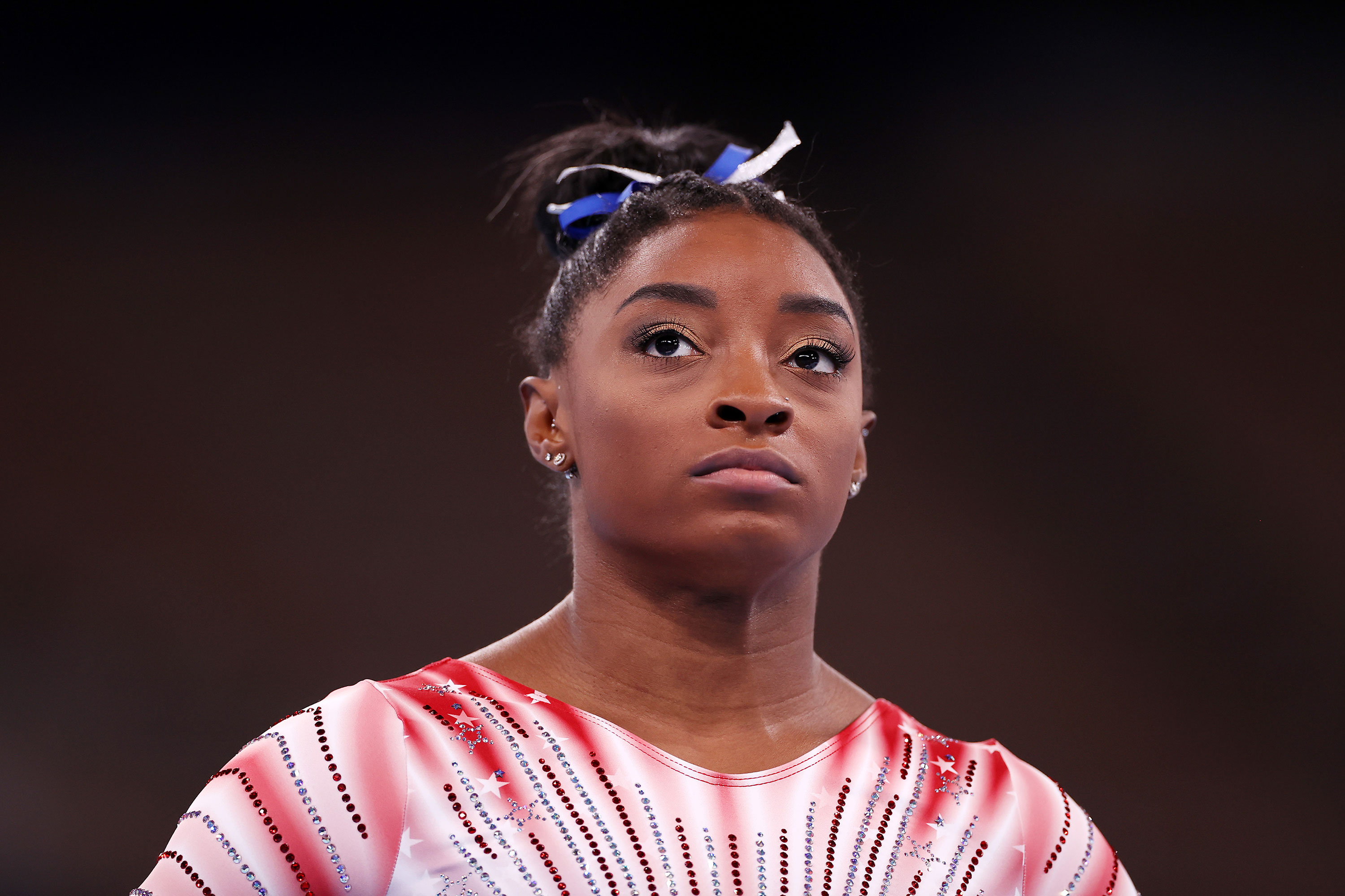 American Simone Biles is seen during warm-ups prior to the balance beam final on August 3.