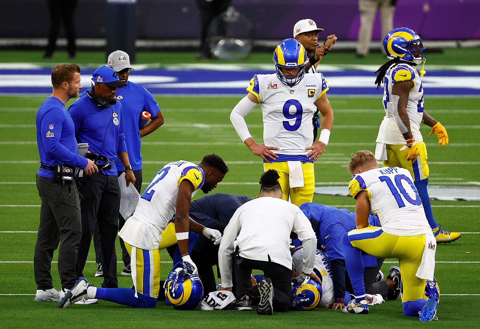 Los Angeles Rams wide receiver Odell Beckham Jr. lies on the ground after an injury in the second quarter.