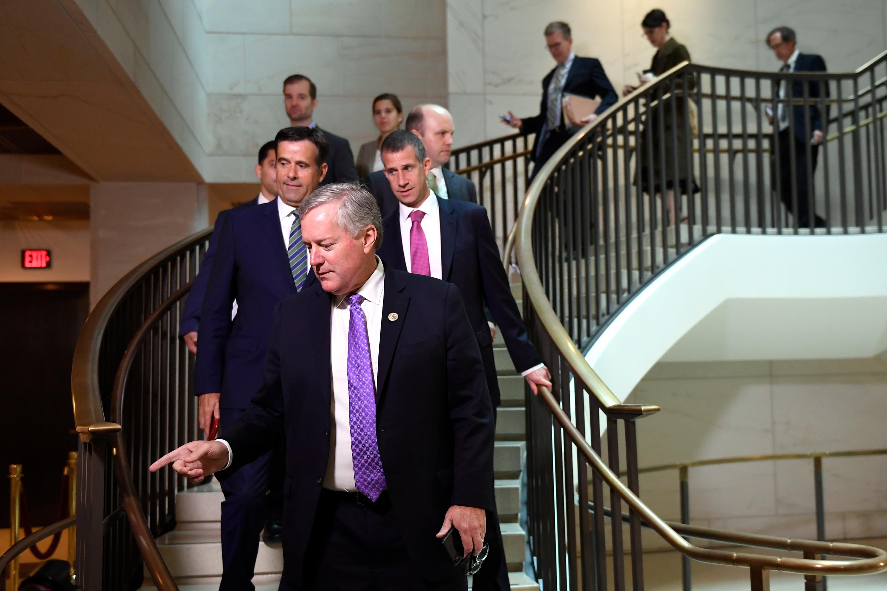 Rep. Mark Meadows and other Republicans arrive for a closed-door meeting on Capitol Hill in Washington.
