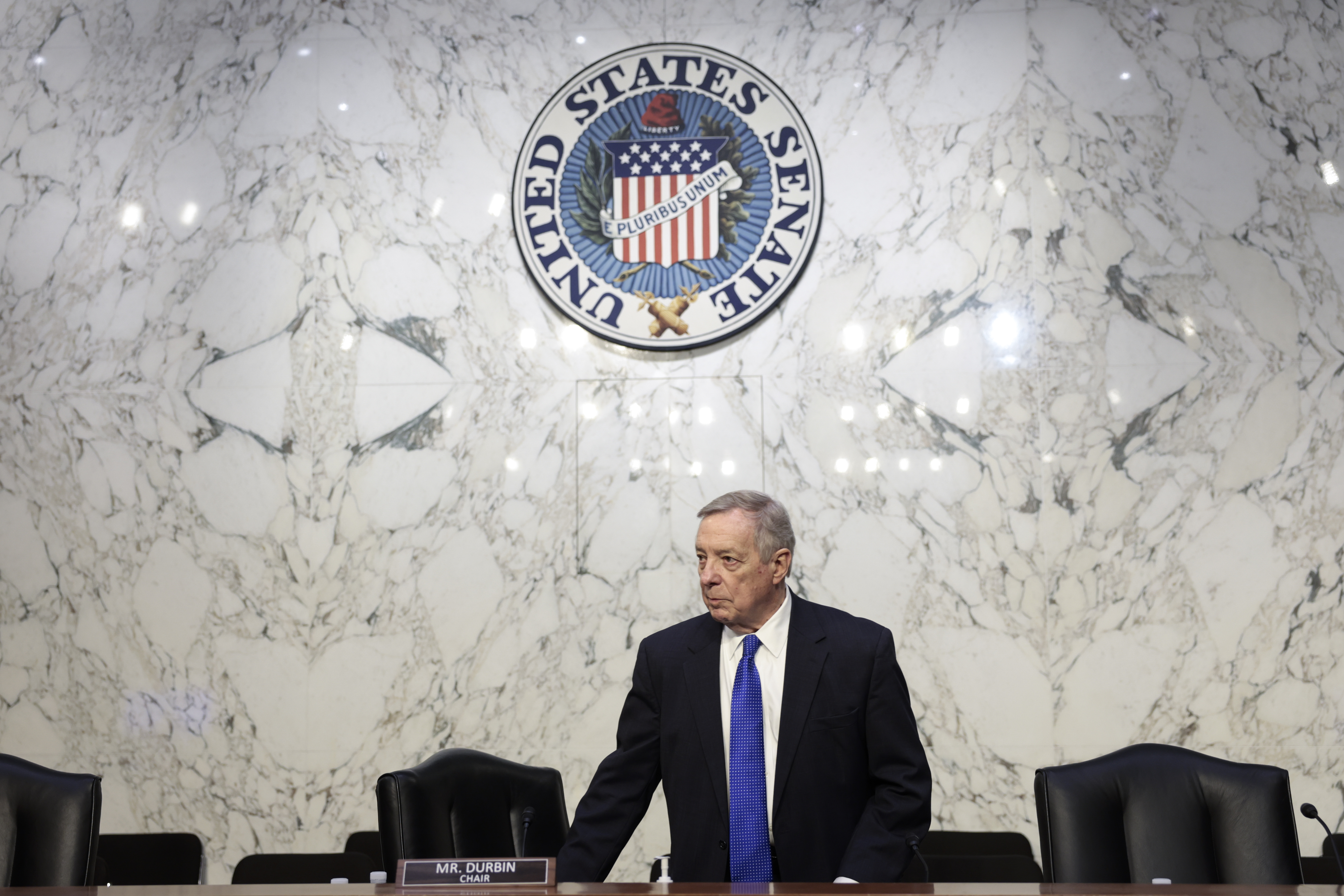 Senate committee chair Dick Durbin, Democrat from Michigan, arrives for a Senate Judiciary Committee business meeting to vote on Supreme Court nominee Judge Ketanji Brown Jackson on April 4 in Washington, DC. 