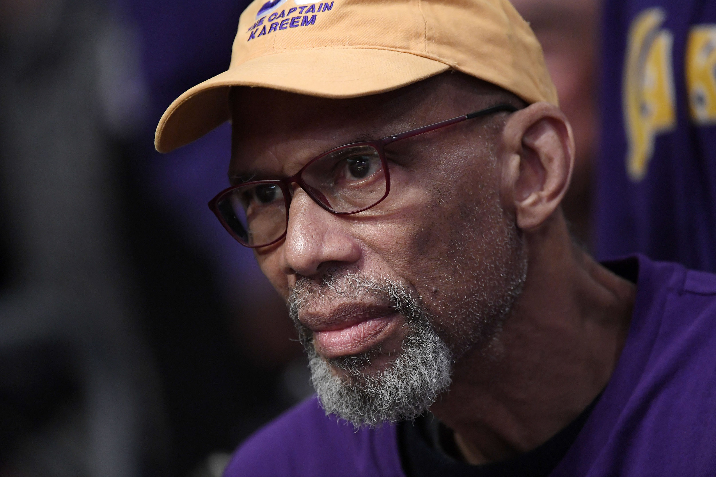 Los Angeles Lakers great Kareem Abdul-Jabbar attends the Los Angeles Lakers and Memphis Grizzlies basketball game at Staples Center in Los Angeles, on February 21. 