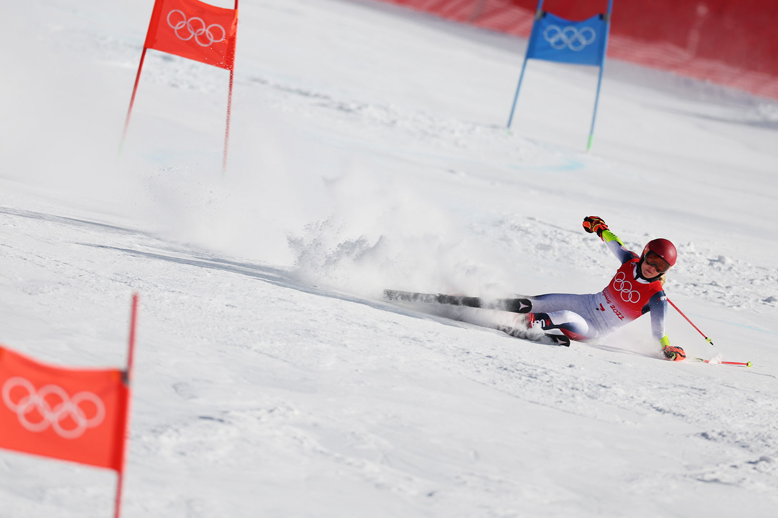 Mikaela Shiffrin falls during the women's giant slalom on February 7. 