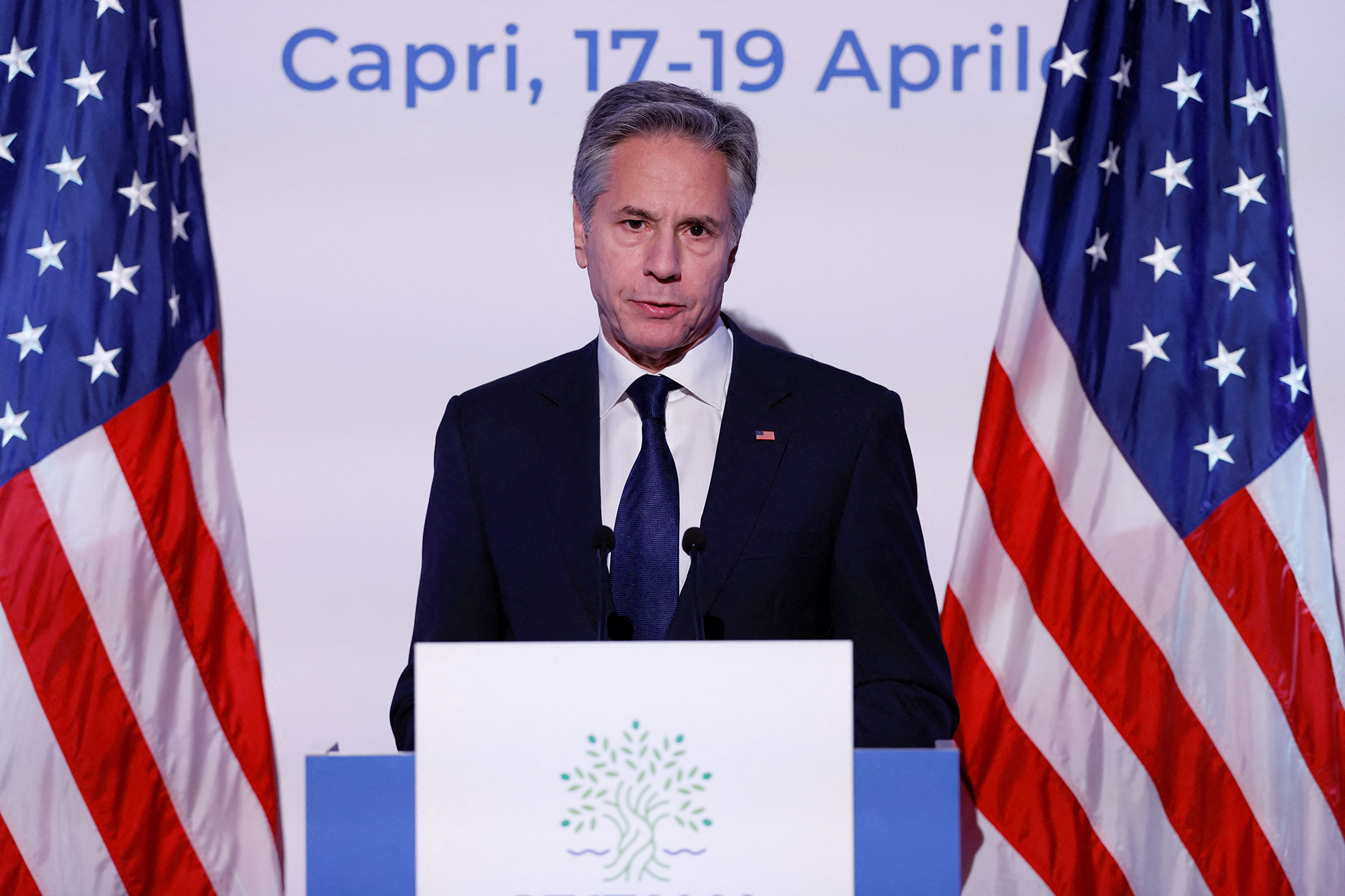 U.S. Secretary of State Antony Blinken holds a press conference at the end of the G7 foreign ministers meeting on Capri island, Italy, on April 19.