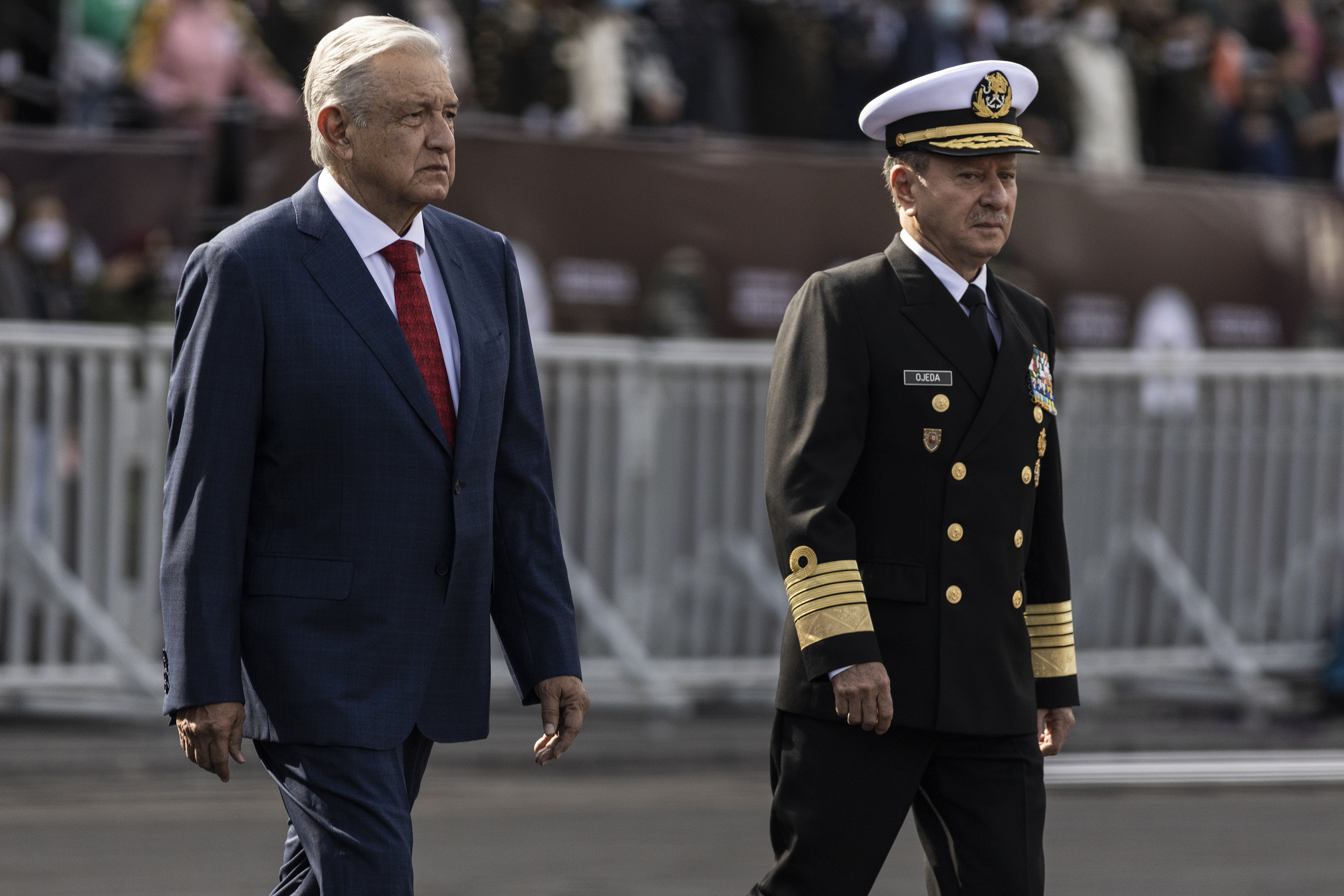 President of Mexico, Andrés Manuel López Obrador, left, walks with Secretary of the Navy, José Rafael Ojeda Durán, during the annual military parade as part of the independence day celebrations at Zocalo in Mexico City, Mexico on Friday.