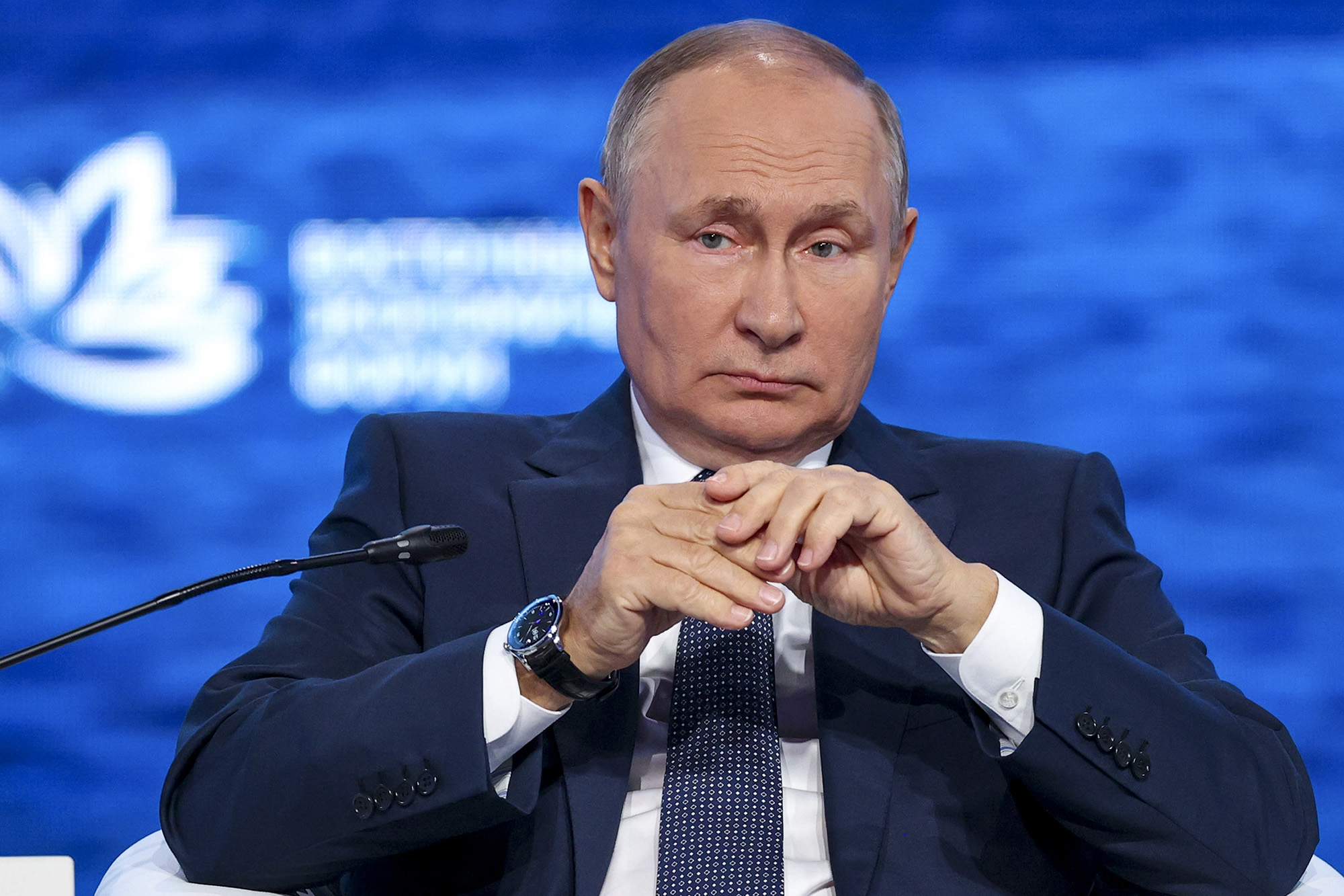 Russian President Vladimir Putin attends a plenary session at the Eastern Economic Forum in Vladivostok, Russia, on September 7.