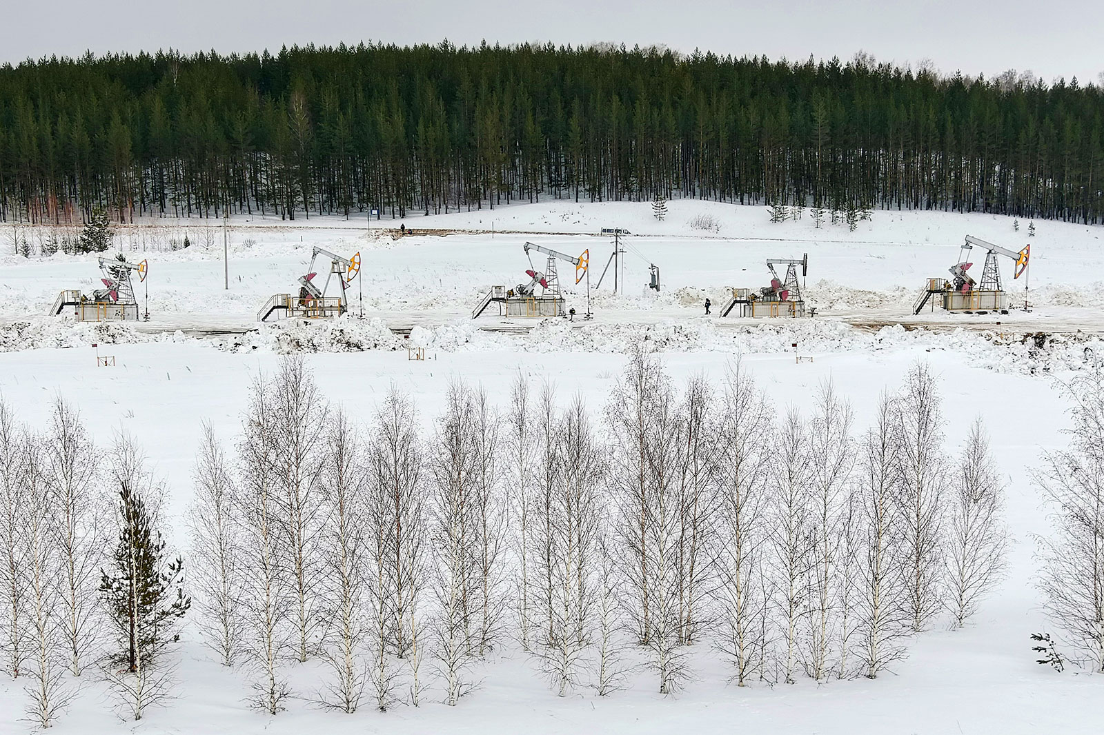 Pumpjacks are seen at the Novo-Yelkhovskoye oil field in Tatarstan, Russia, on February 28.