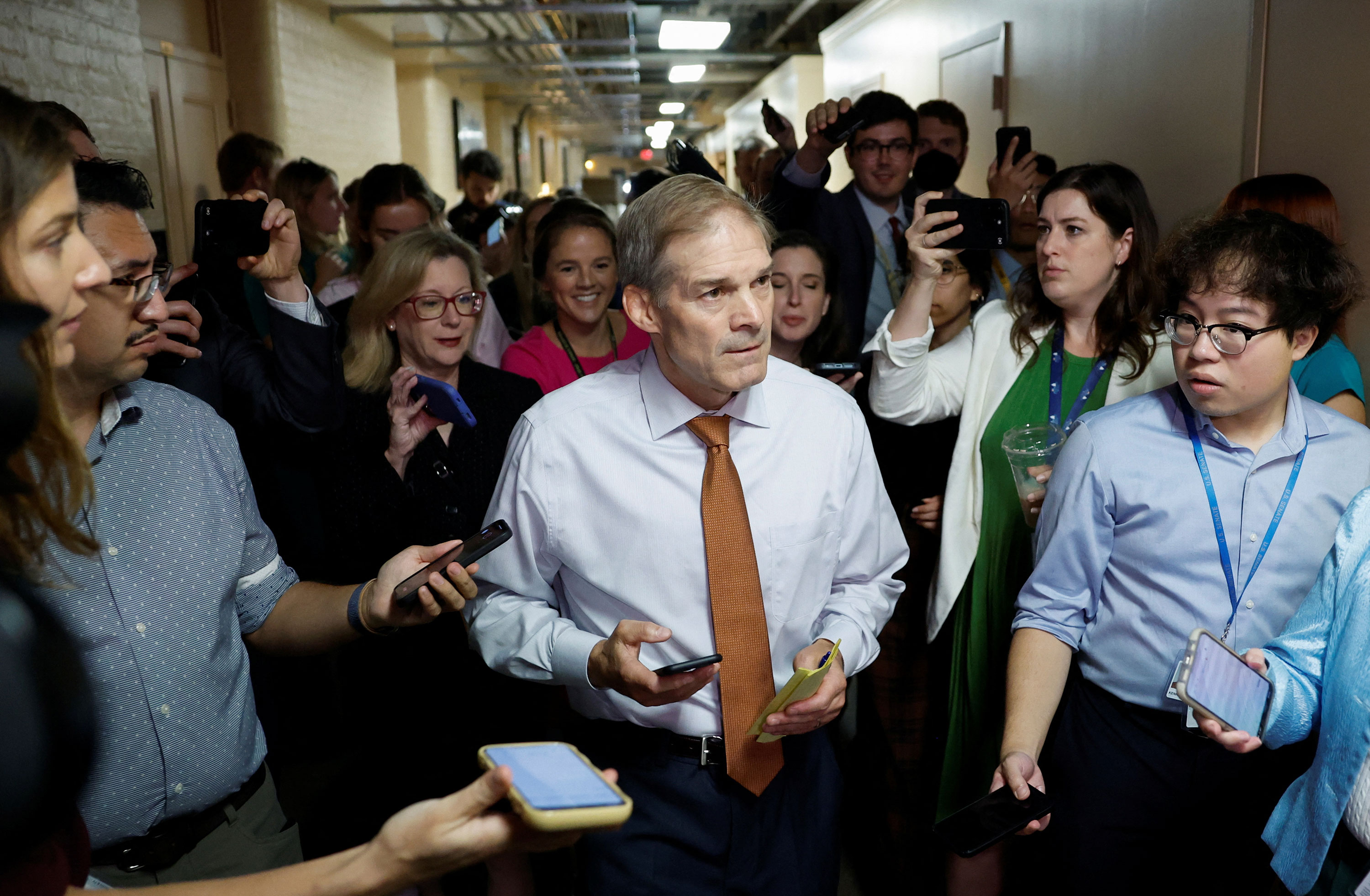 Rep. Jim Jordan arrives for a meeting with the Texas Republican House delegation on October 4, the morning after former Speaker of the House Kevin McCarthy was ousted from the position.