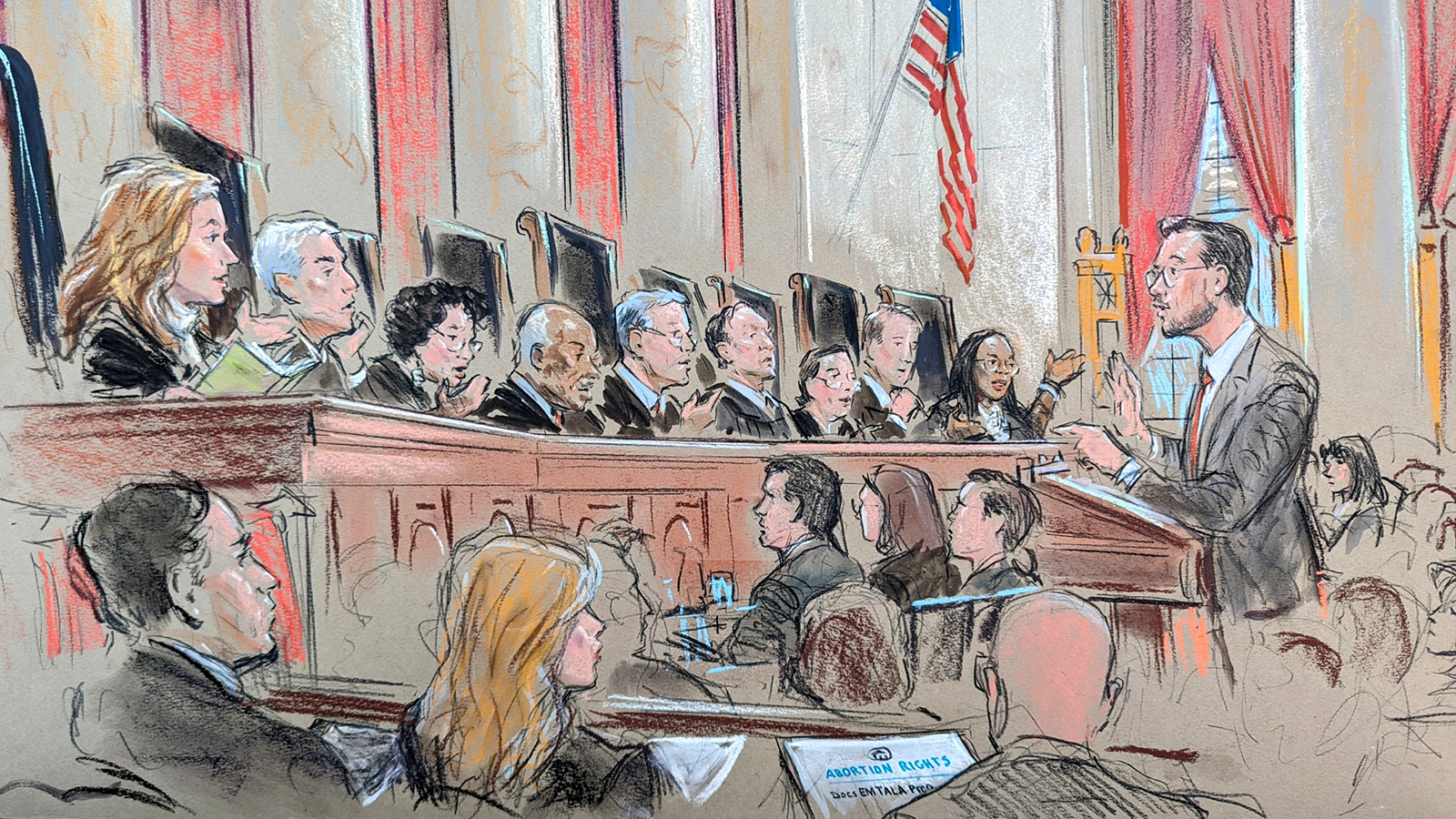 In this sketch from court, attorney Josh Turney argues during a Supreme Court hearing on the Biden administration’s challenge to aspects of Idaho’s strict abortion ban on Wednesday, April 24, at the US Supreme Court in Washington, DC.