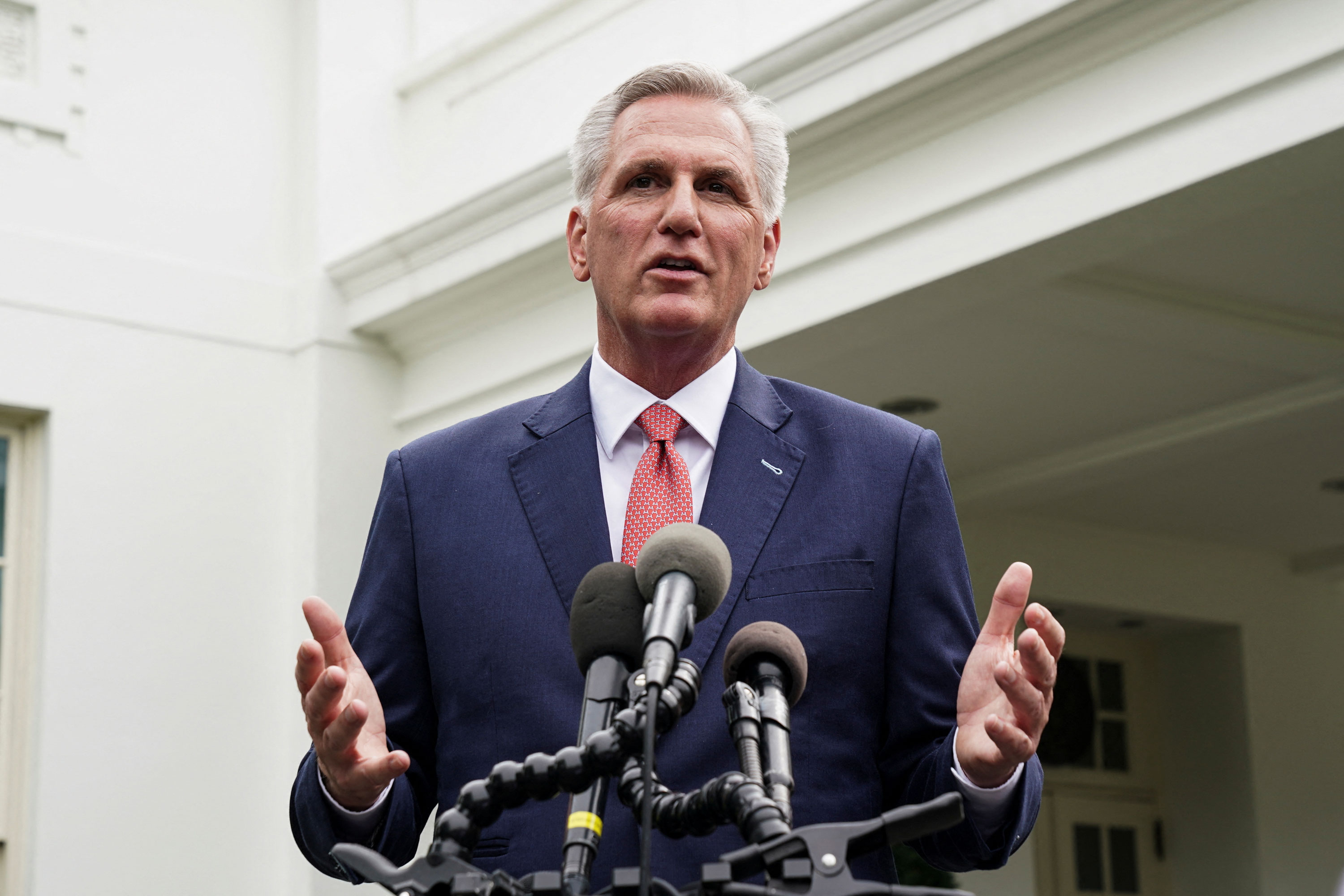 House Speaker Kevin McCarthy speaks to reporters outside the West Wing following debt limit talks with President Joe Biden and Congressional leaders at the White House in Washington, D.C., on May 16, 2023.