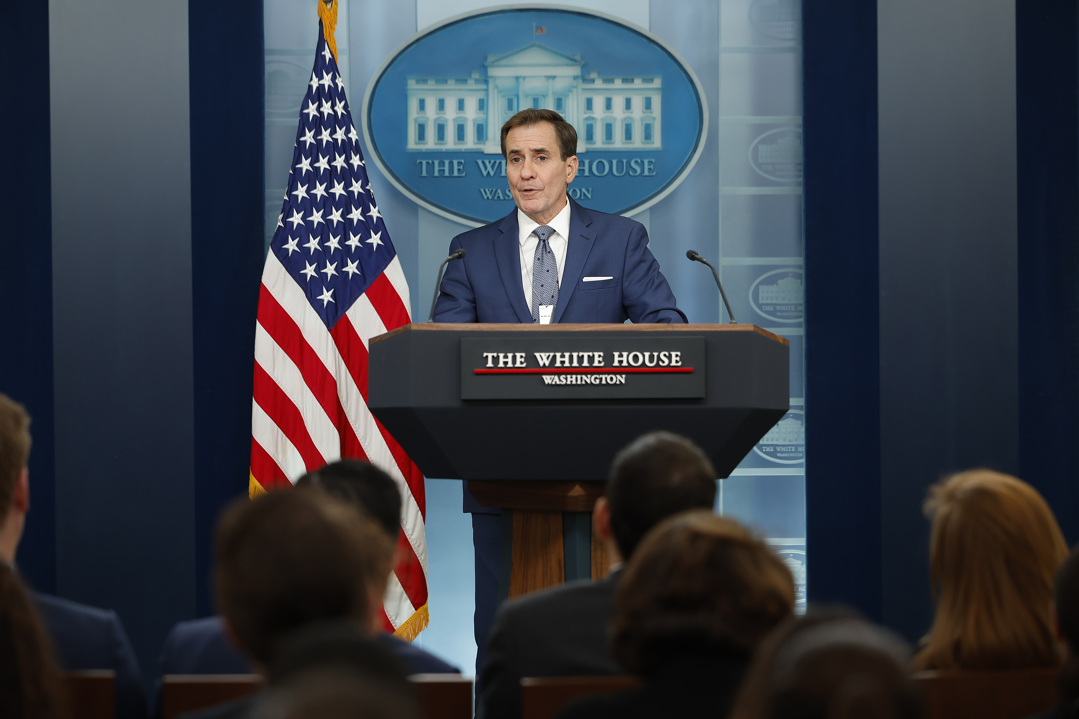 White House National Security Council Coordinator For Strategic Communications John Kirby talks to reporters in the Brady Press Briefing Room at the White House on December 13 in Washington, DC.