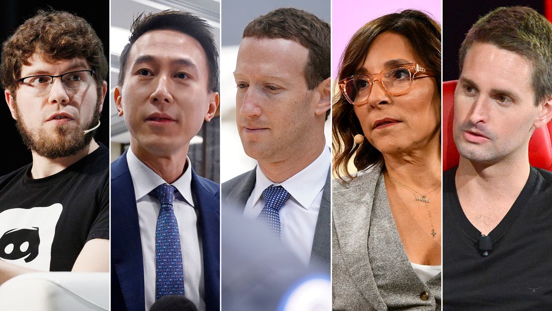 Left to right: Jason Citron, CEO of Discord, Shou Zi Chew, CEO of TikTok, Mark Zuckerberg, CEO of Meta, Linda Yaccarino, CEO of X, Evan Spiegel, CEO of Snap.