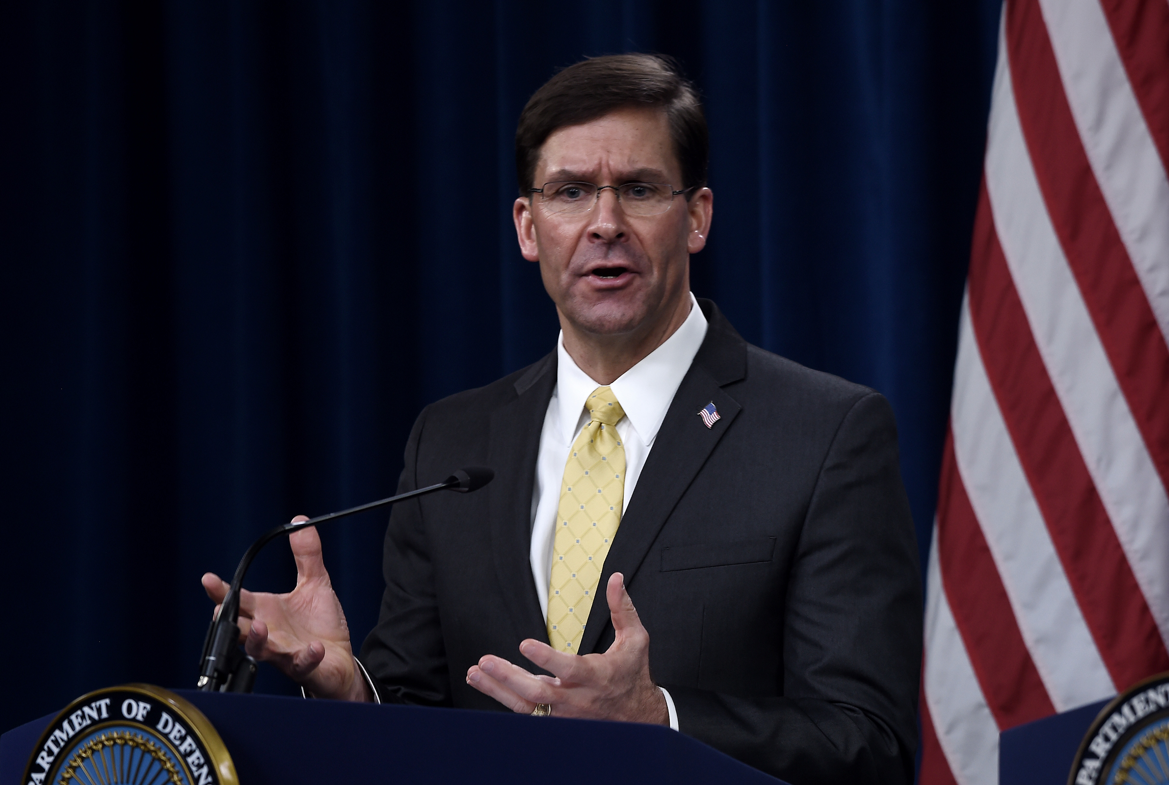 Secretary of Defense Mark Esper speaks at a press conference at the Pentagon on March 5.