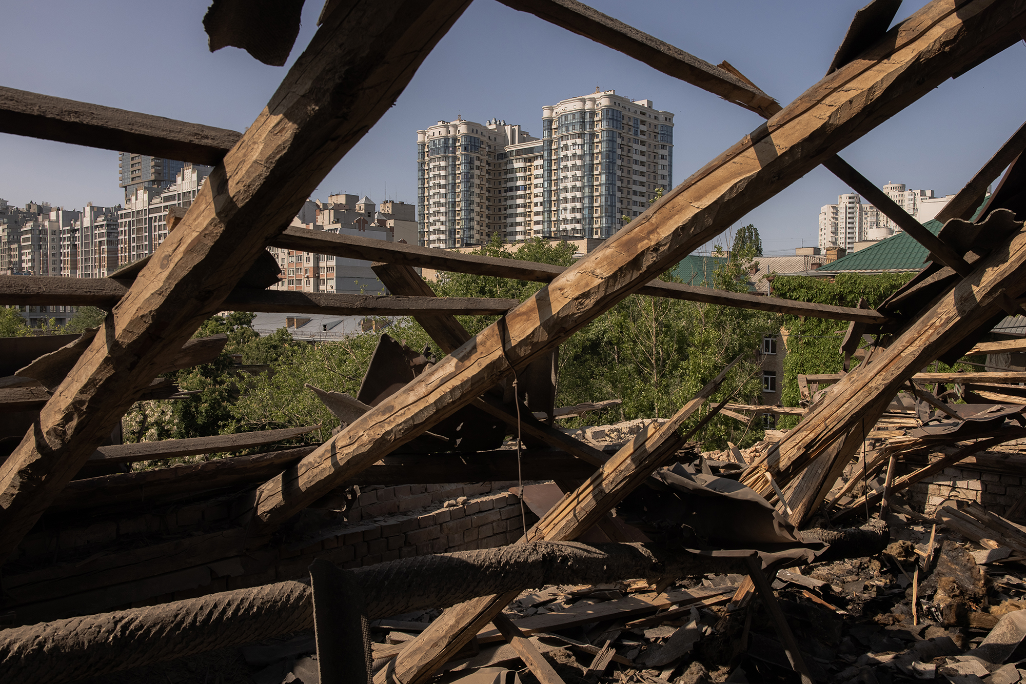 A roof of a residential building that was damaged during a drone attack on May 28, in Kyiv, Ukraine. 