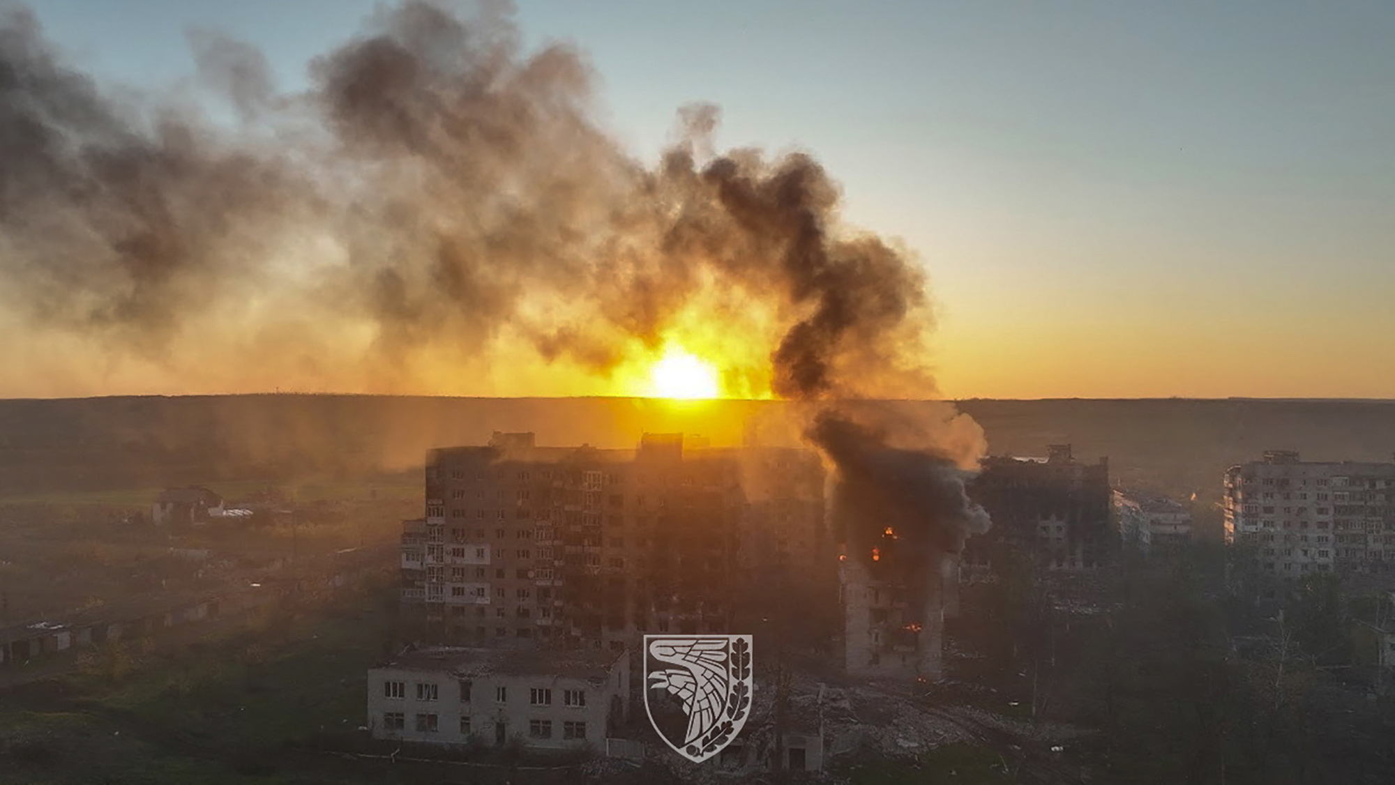 An aerial view shows destructions in the frontline town of Bakhmut, in Donetsk region, Ukraine, in this handout picture released on May 21.