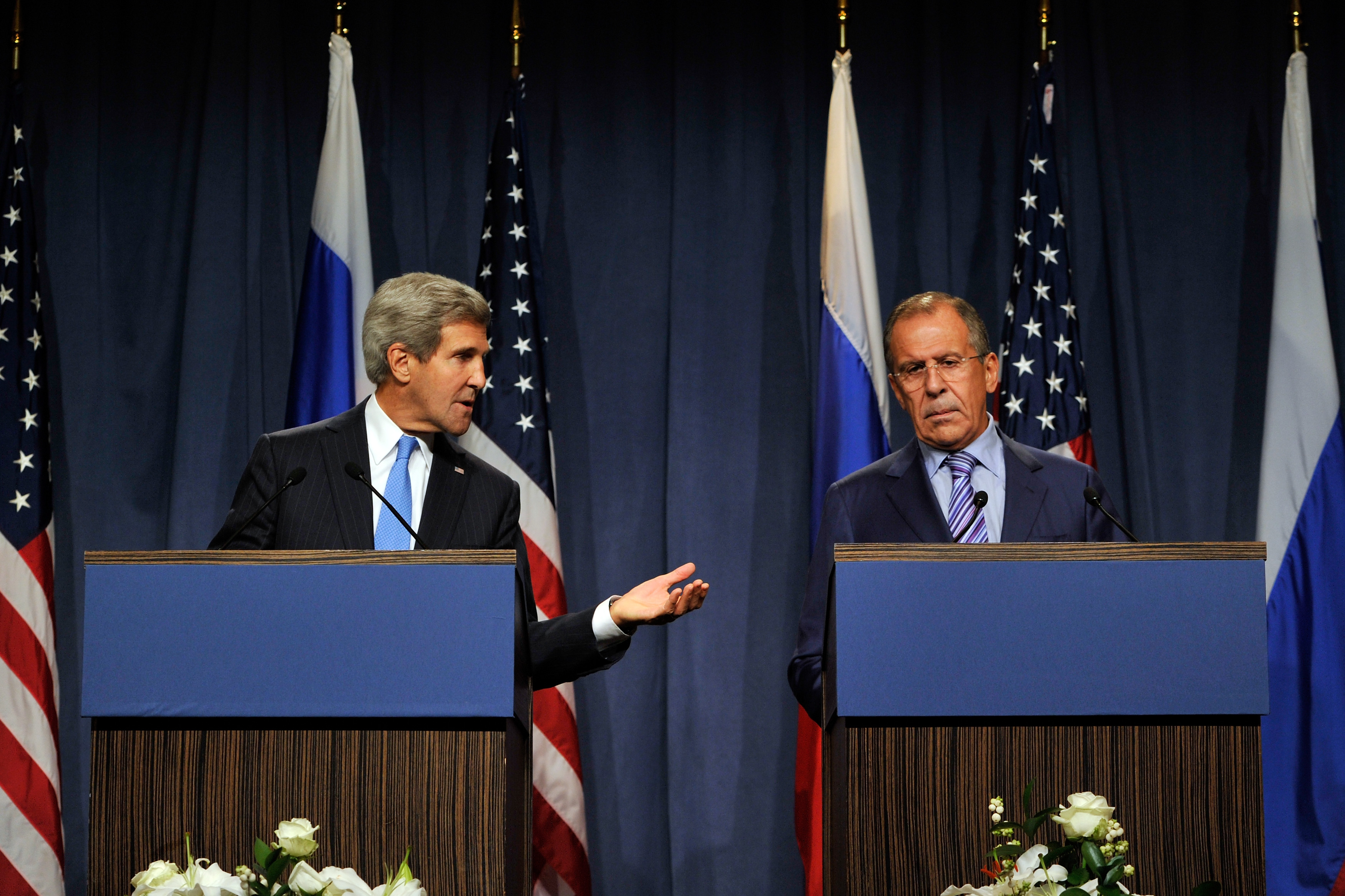 US Secretary of State John Kerry and Russian Foreign Minister Sergey Lavrov speak during a press conference in September 2013 in Geneva, Switzerland. 