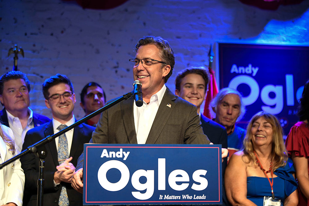Ogles declares victory after winning the House of Representatives in Tennessee's newly created 5th Congressional District in Columbia, Tennessee, on Tuesday, November 8. 