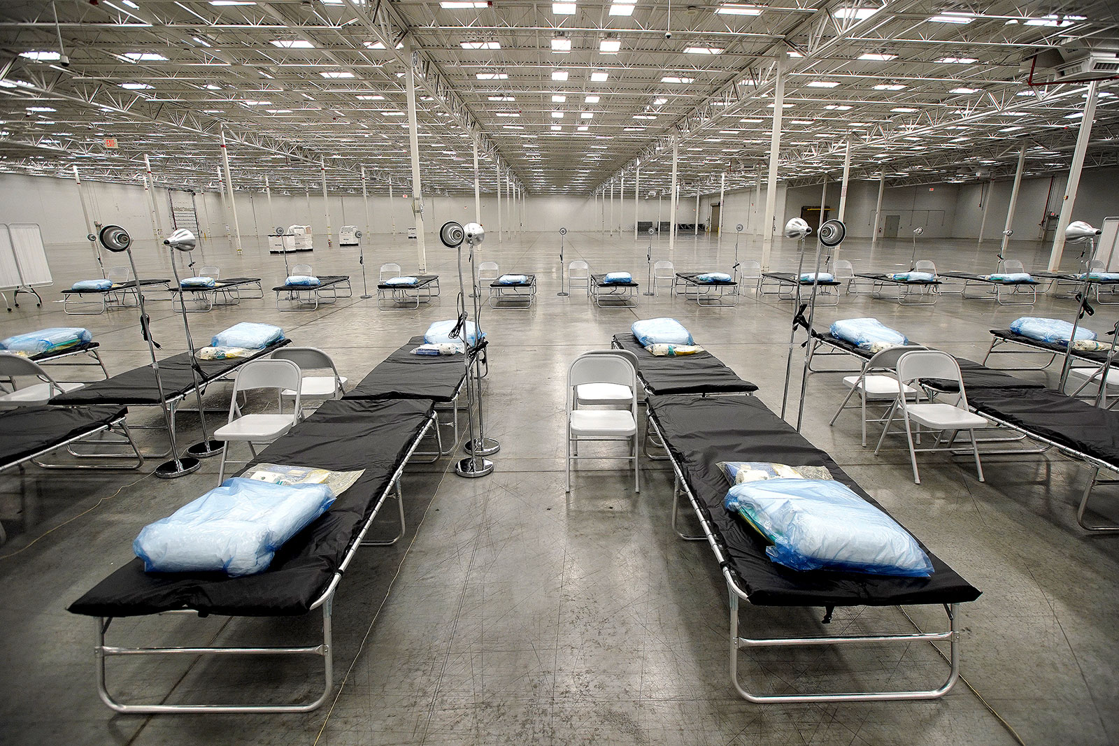 Beds are set up inside a field hospital in North Kingston, Rhode Island, on April 8.
