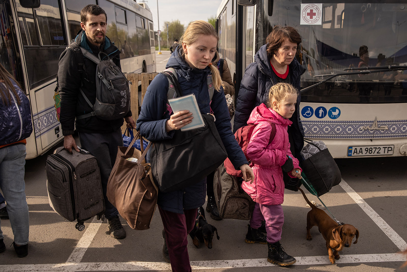 Evacuees from the Azovstal steel plant and surrounding area arrive at an evacuation point in Zaporizhzhia, Ukraine, on May 3. 