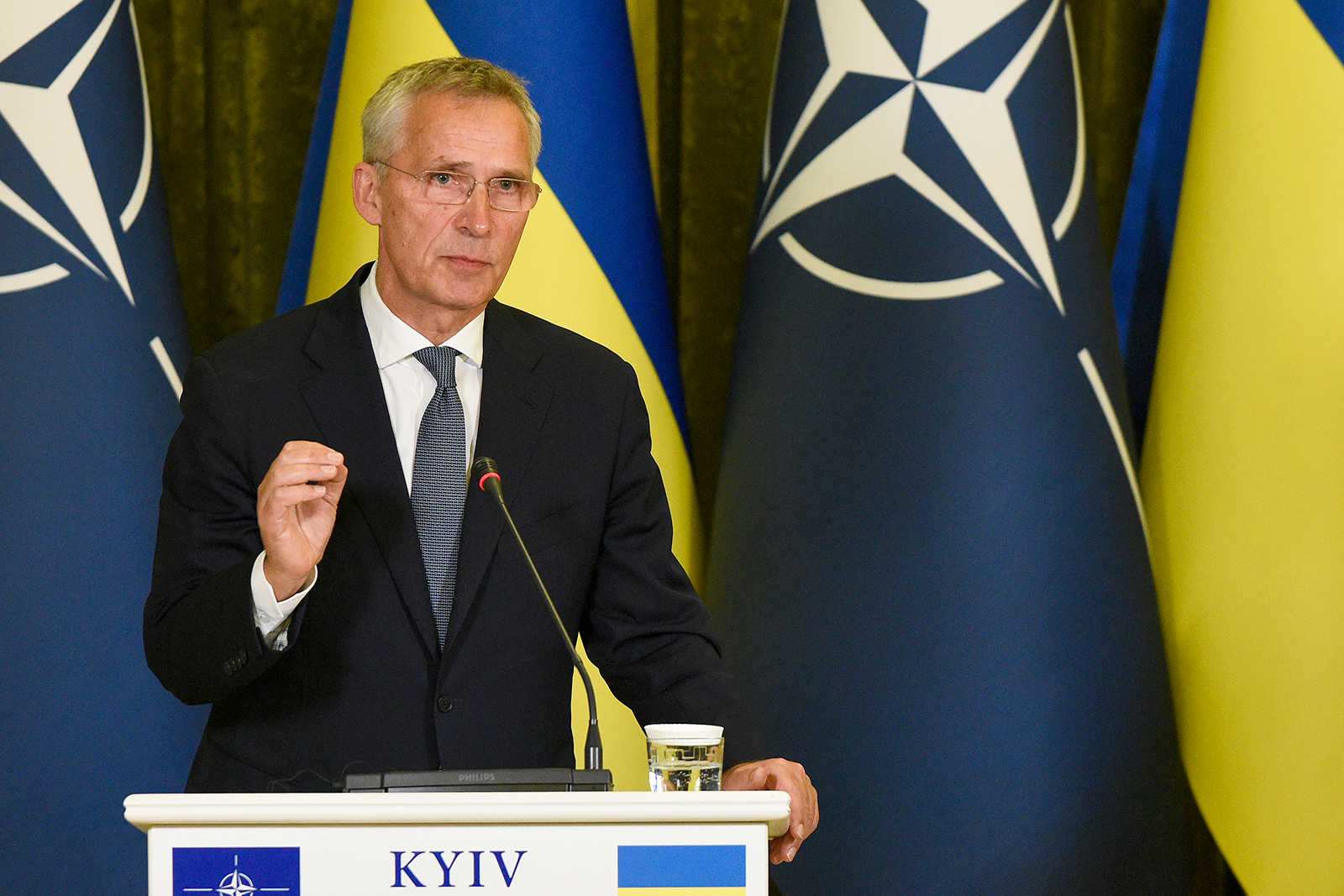 Jens Stoltenberg is pictured during a joint meeting in Kyiv, Ukraine on September 28.