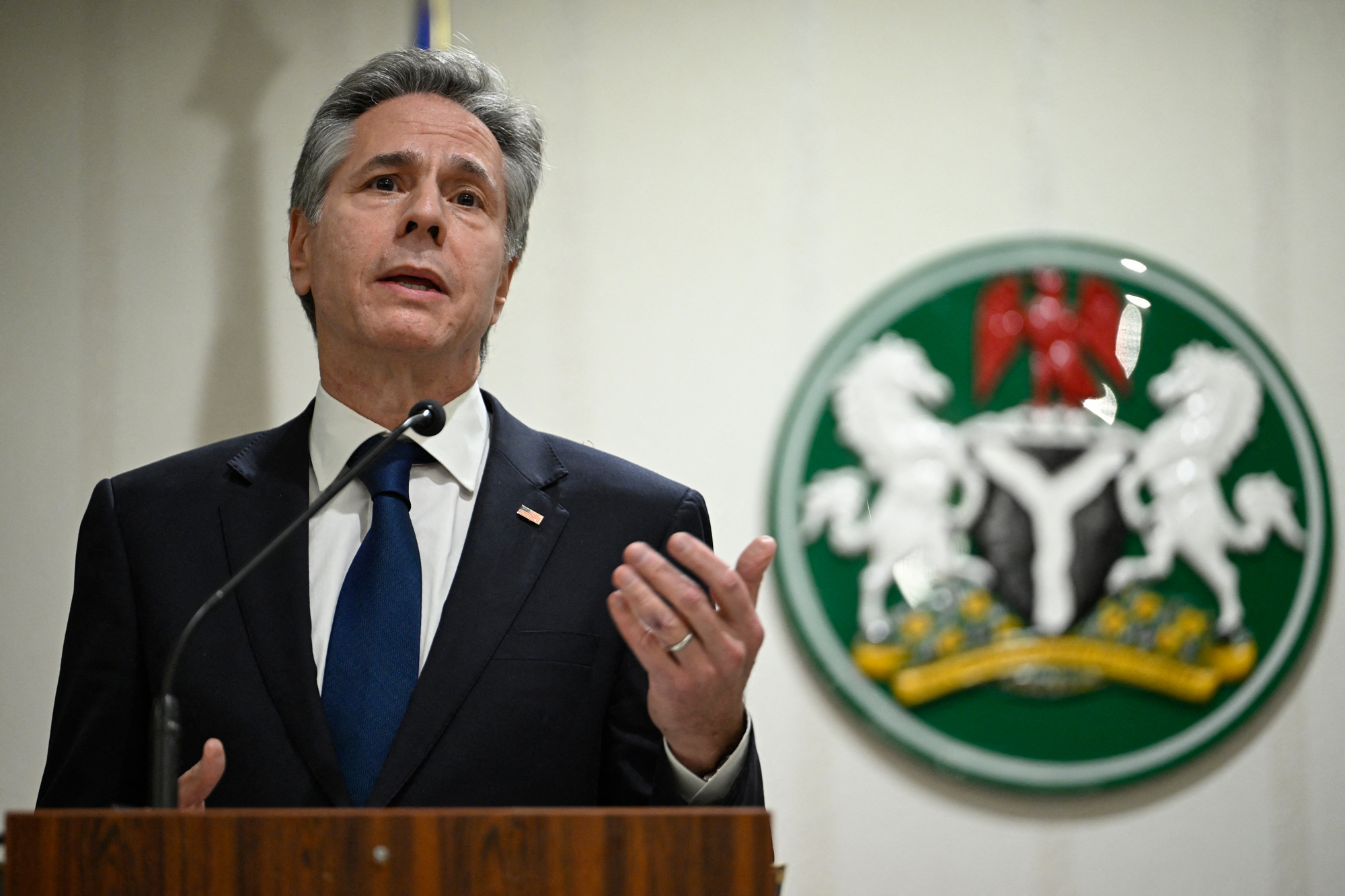 US Secretary of State Antony Blinken speaks during a press conference with Minister of Foreign Affairs of Nigeria Yusuf Tuggar at the Presidential Villa in Abuja, Nigeria, on January 23.