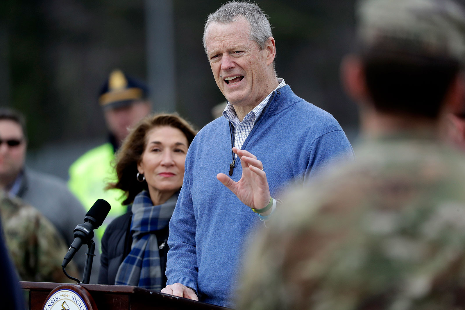 Massachusetts Gov. Charlie Baker speaks to reporters during a press conference last month.