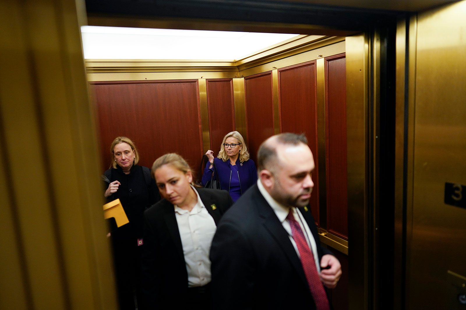 Vice chair Rep. Liz Cheney is seen in an elevator on the Capitol complex before the House select committee's final meeting on Monday.