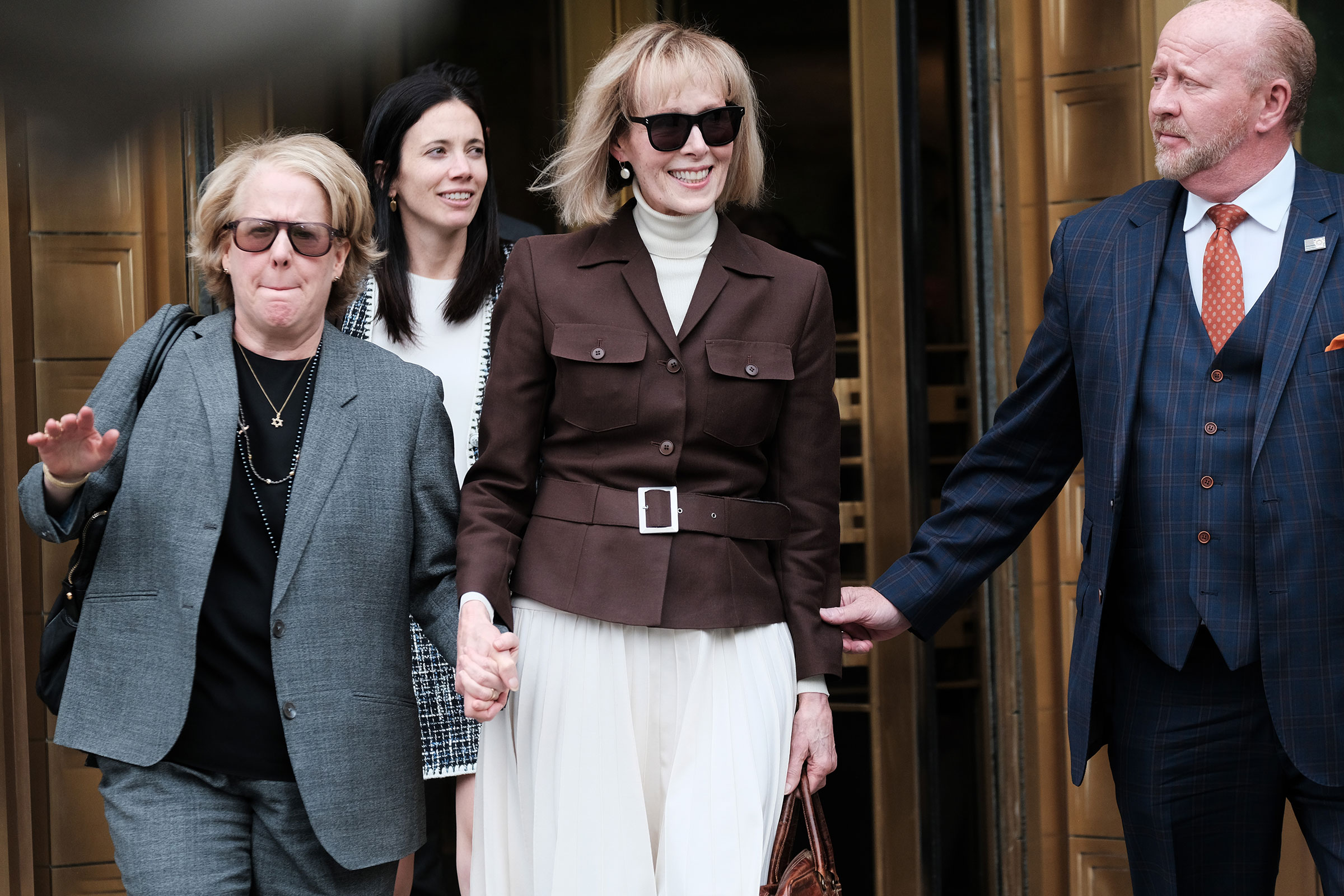 E. Jean Carroll leaves a Manhattan court house after a jury found former President Donald Trump liable for sexually abusing her in a Manhattan department store in the 1990's on May 9 in New York City.