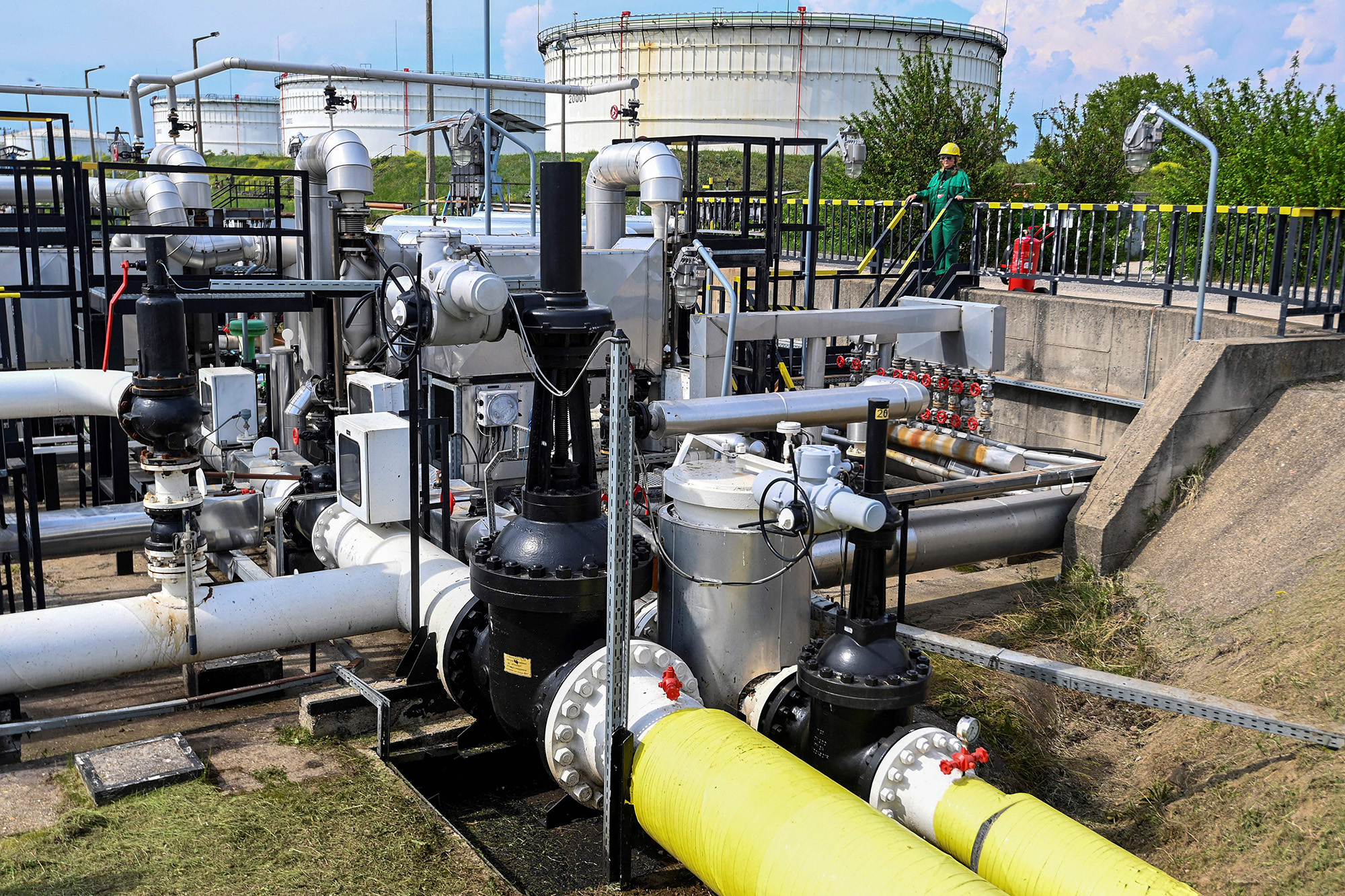The receiver station of the Druzhba pipeline of petroleum between Hungary and Russia at the Duna (Danube) Refinery of Hungarian MOL Company located near the town of Szazhalombatta, south of Budapest, Hungary, on May 5.