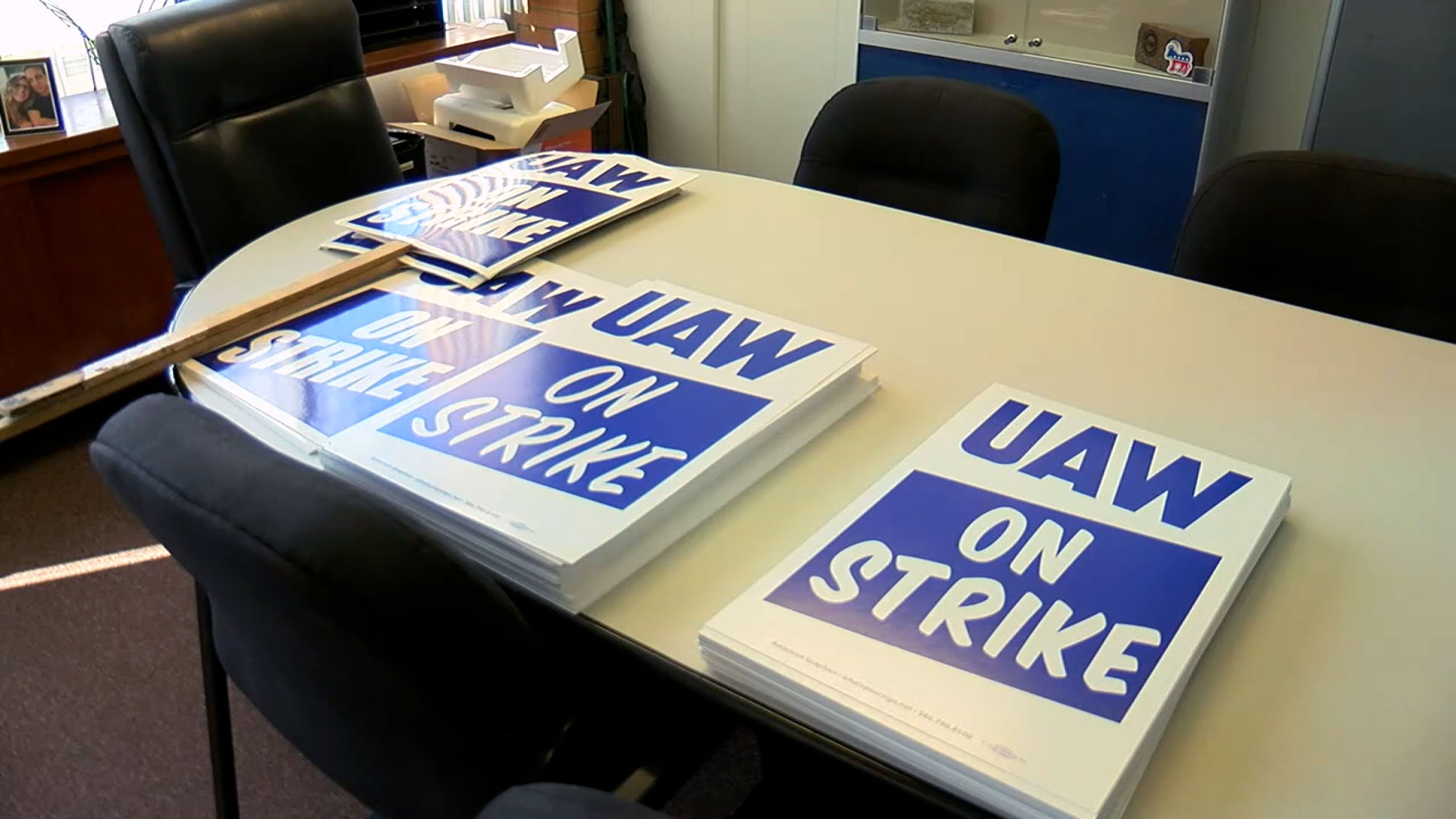 Picket signs for a strike are prepared on a table at United Auto Workers Local 1005 in Parma, Ohio, on September 13.