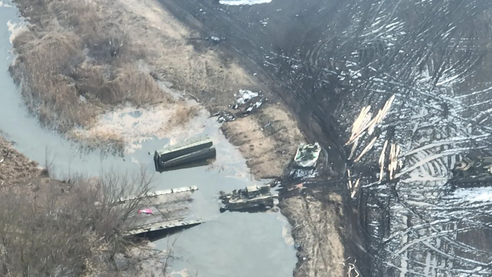 A photo, published on social media on March 13, shows the pontoon bridge destroyed, in addition to nearby Russian military vehicles.
