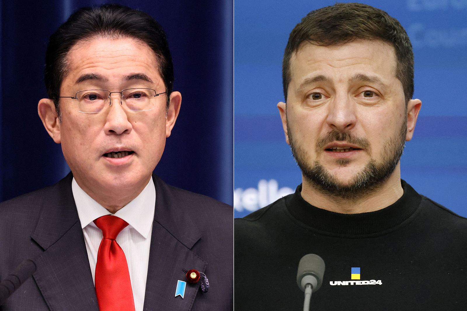 Japan's Prime Minister Fumio Kishida, left, and Ukraine's President Volodymyr Zelensky.
