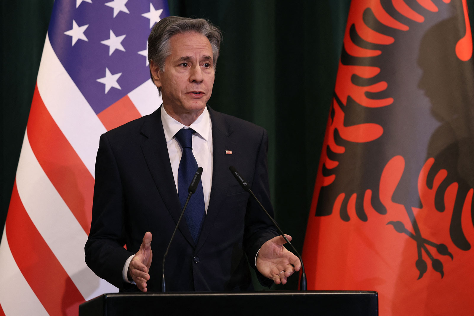 US Secretary of State Antony Blinken speaks during a press conference with Albania's Prime Minister in Tirana on Thursday.