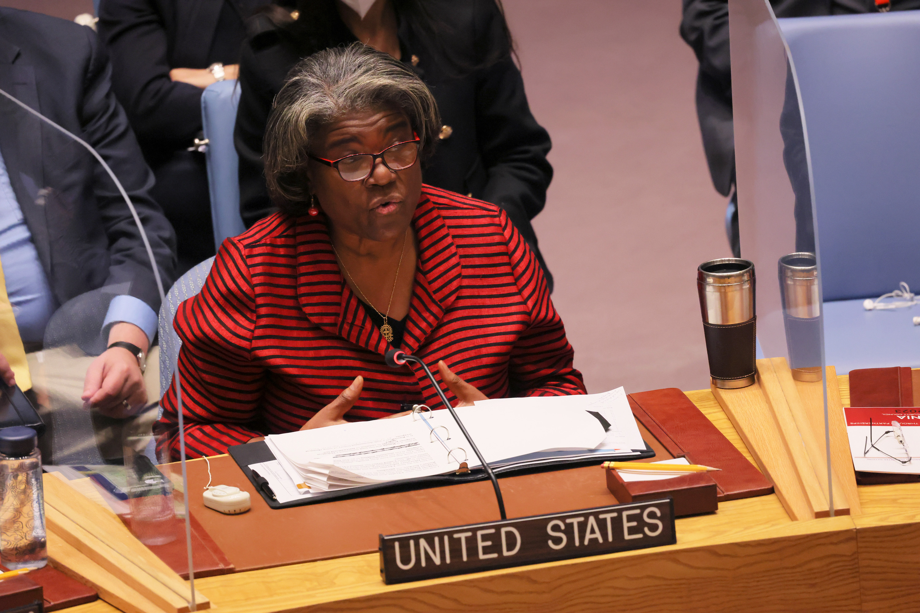 Linda Thomas-Greenfield, United States Ambassador to the United Nations, speaks during the UN Security Council meeting on March 11 in New York City. 