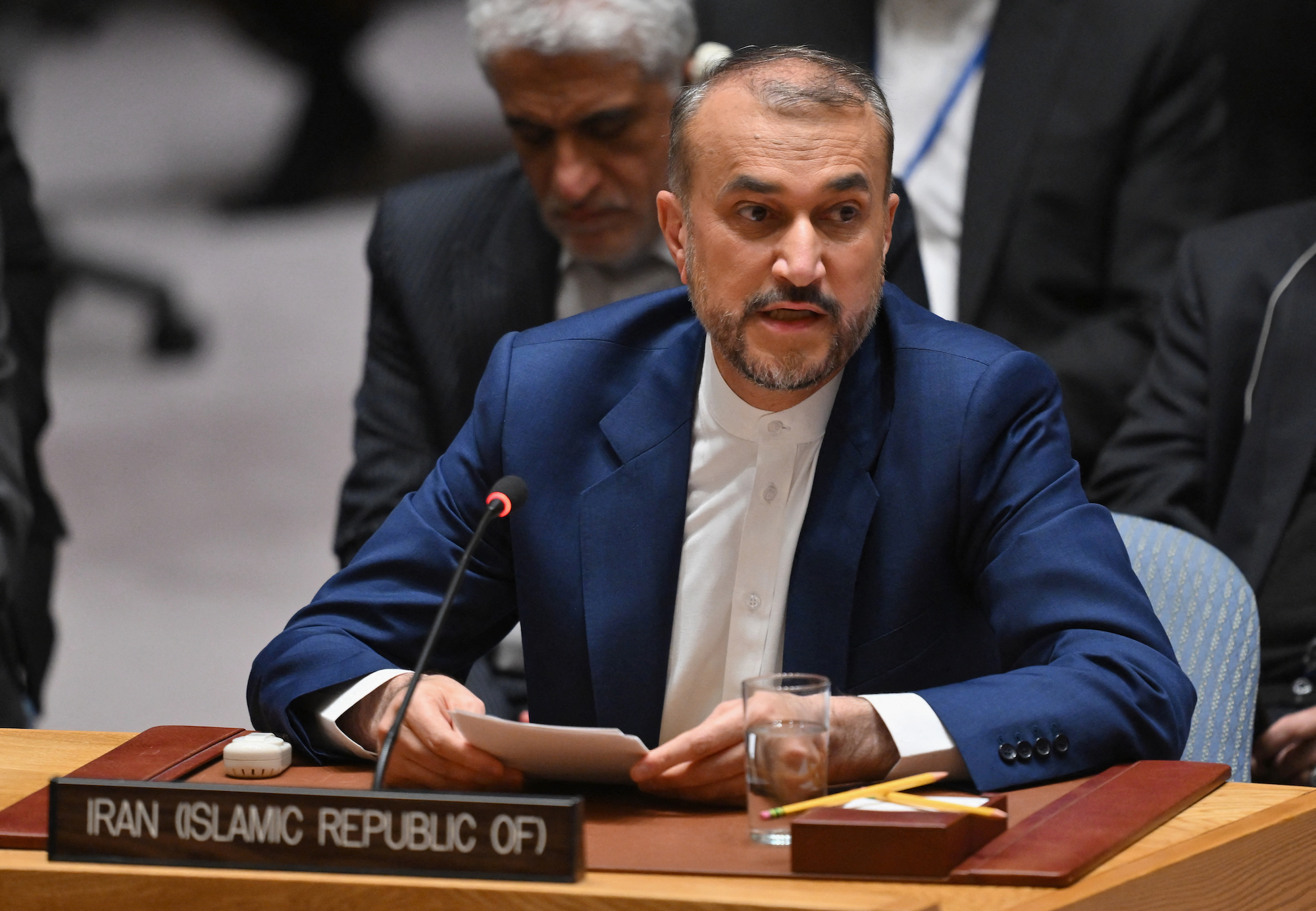 Iran's Foreign Minister Hossein Amir-Abdollahian speaks during a UN Security Council meeting in New York City on Thursday.
