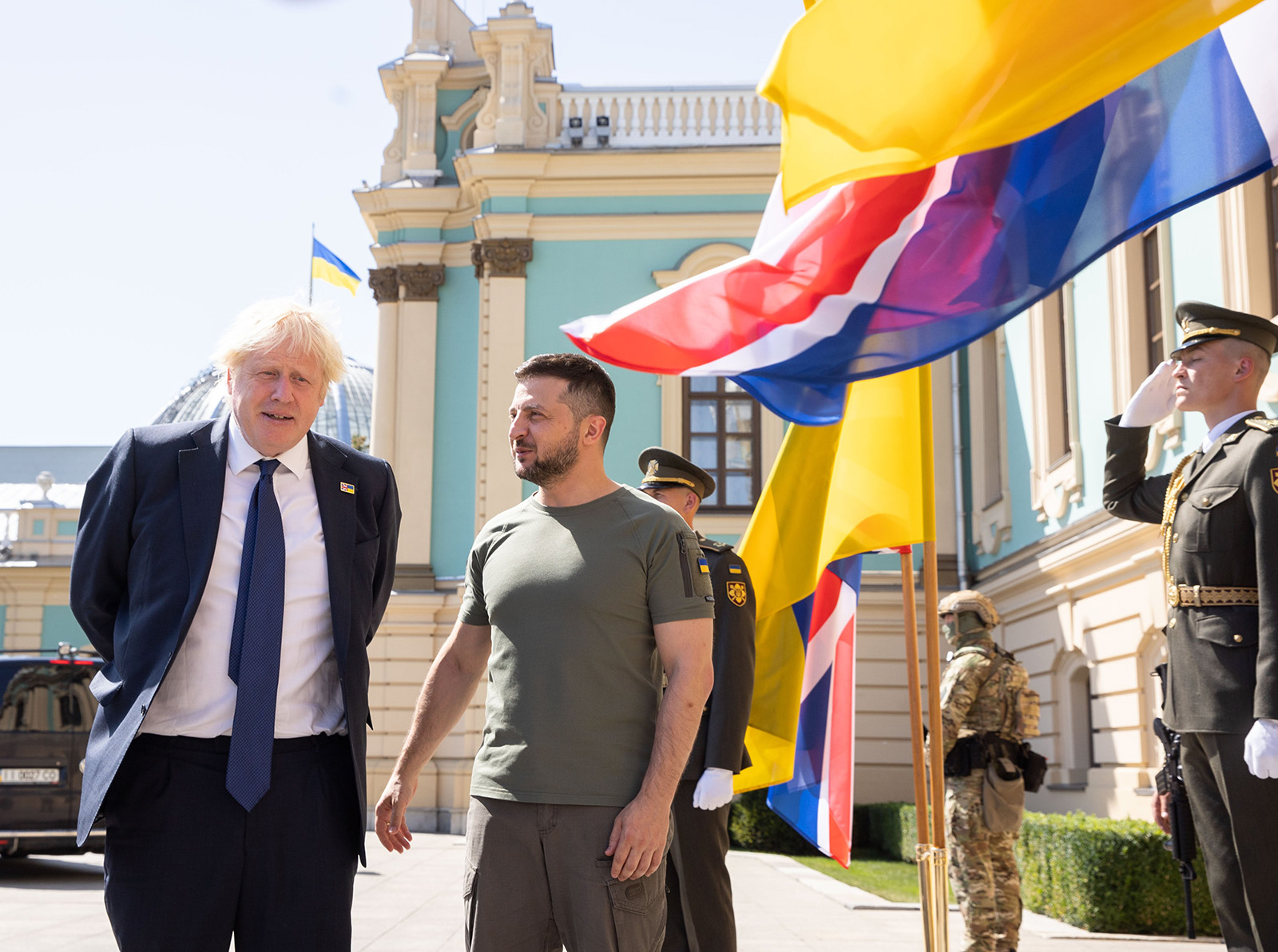 British Prime Minister Boris Johnson visits Ukrainian president Volodymyr Zelensky in Kyiv, Ukraine, on August 24.