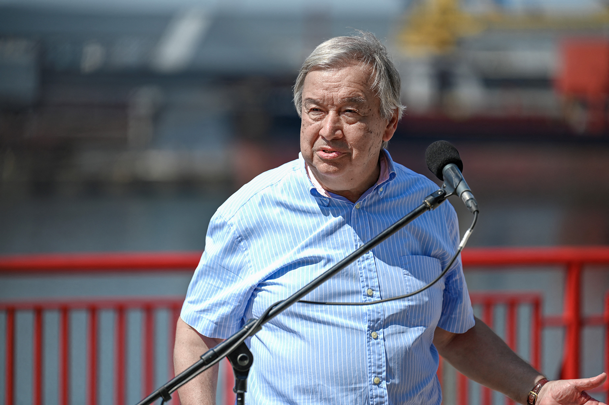 UN Secretary-General Antonio Guterres makes a statement during his visit to a port in Odesa, Ukraine on August 19. 