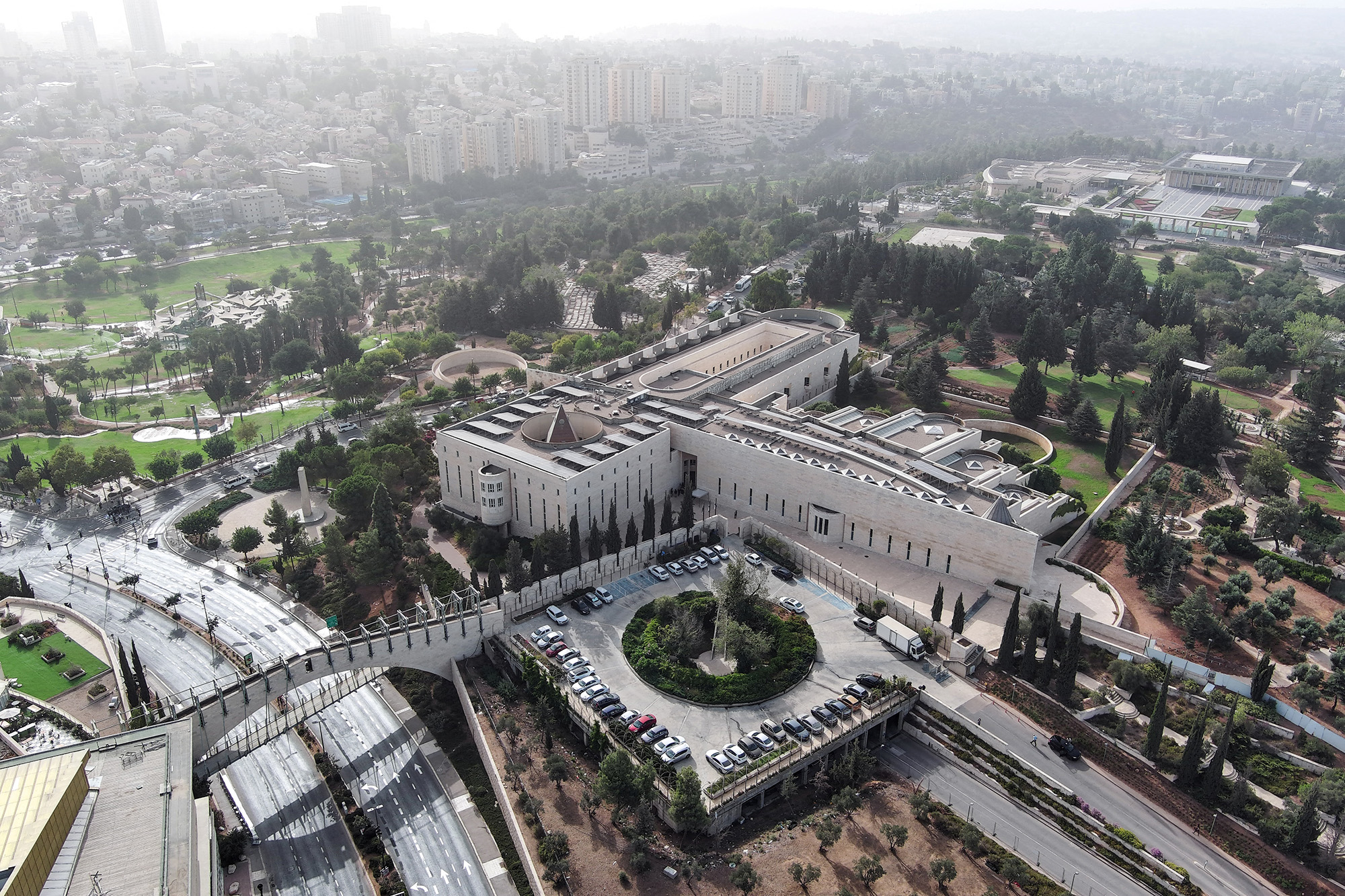 An aerial view shows Israel's Supreme Court on the morning it is set to discuss petitions against new legislation that Israeli Prime Minister Benjamin Netanyahu's religious-nationalist coalition passed as part of a plan to overhaul the judiciary, in Jerusalem, on September 12, 2023.