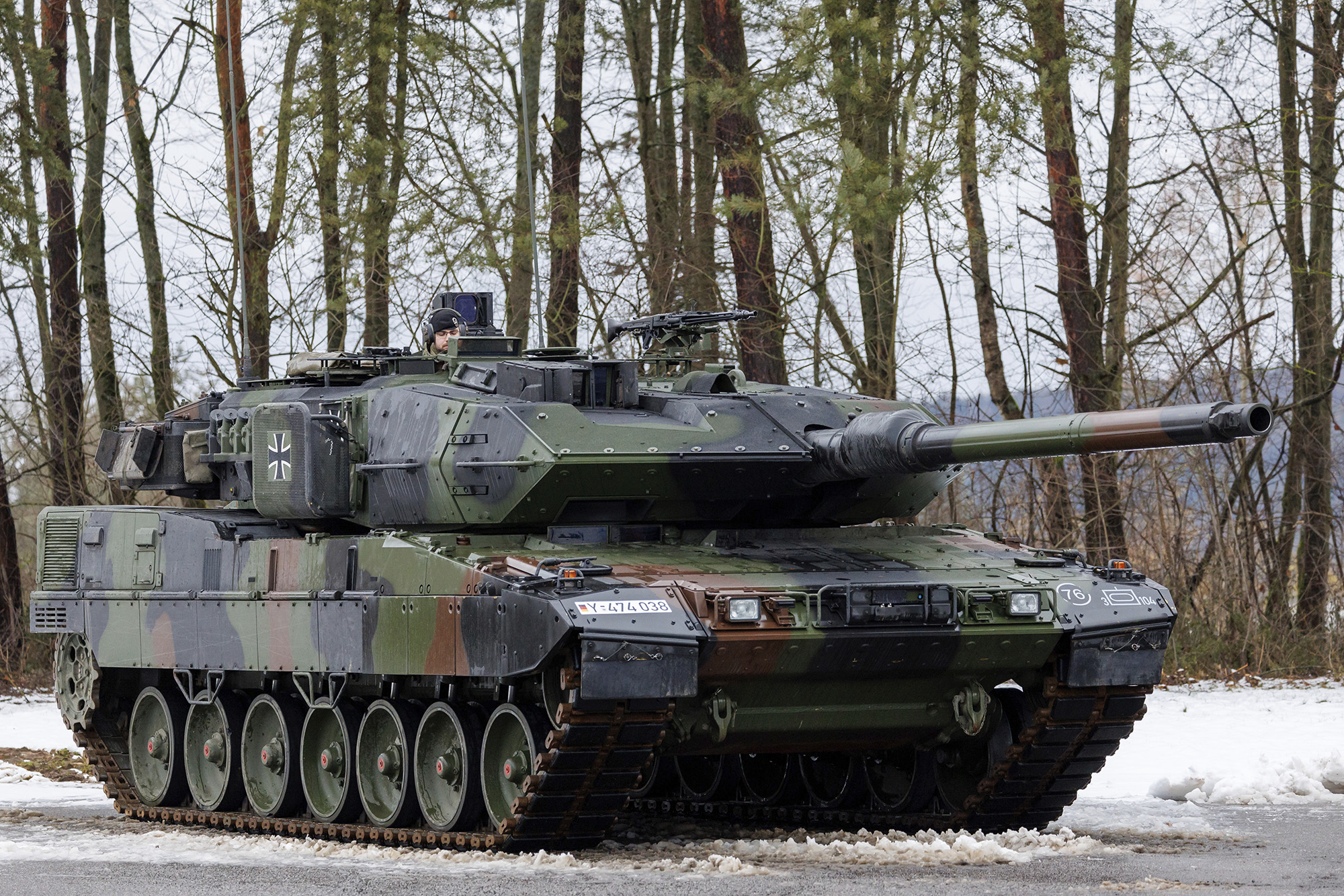 A German Leopard 2 A7V tank stands on the barracks grounds in Pfreimd, Germany, on February 3.