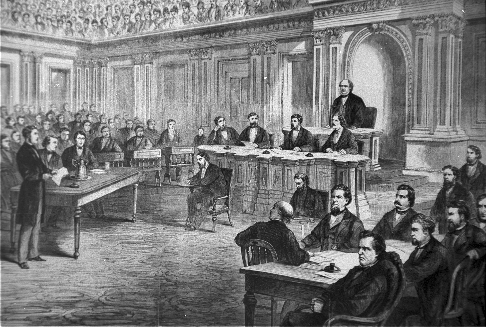 An engraving showing the impeachment trial of President Andrew Johnson in the Senate on March 13, 1868