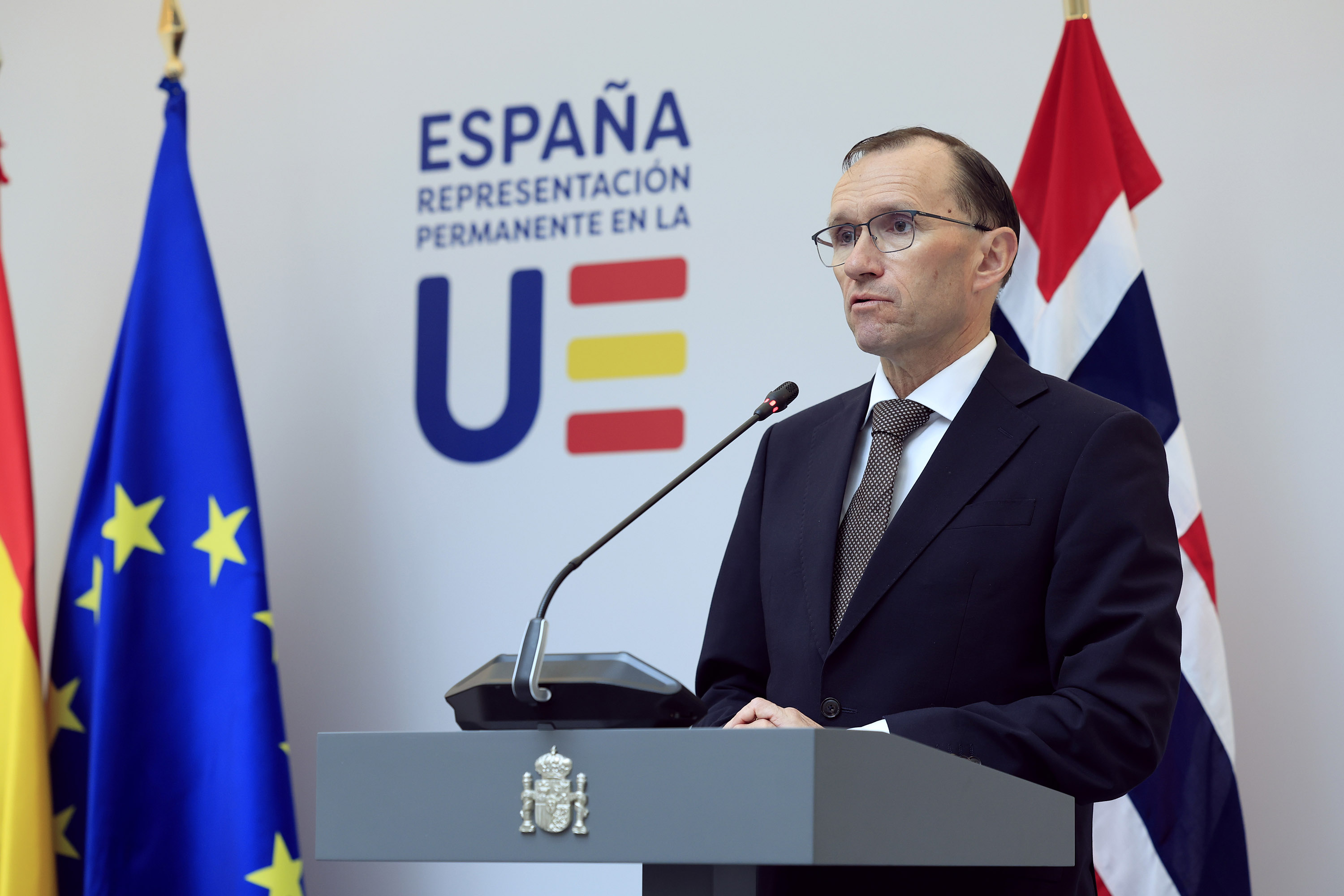 Norway's foreign minister Espen Barth Eide speaks during a press conference in Brussels on Monday, May 27.