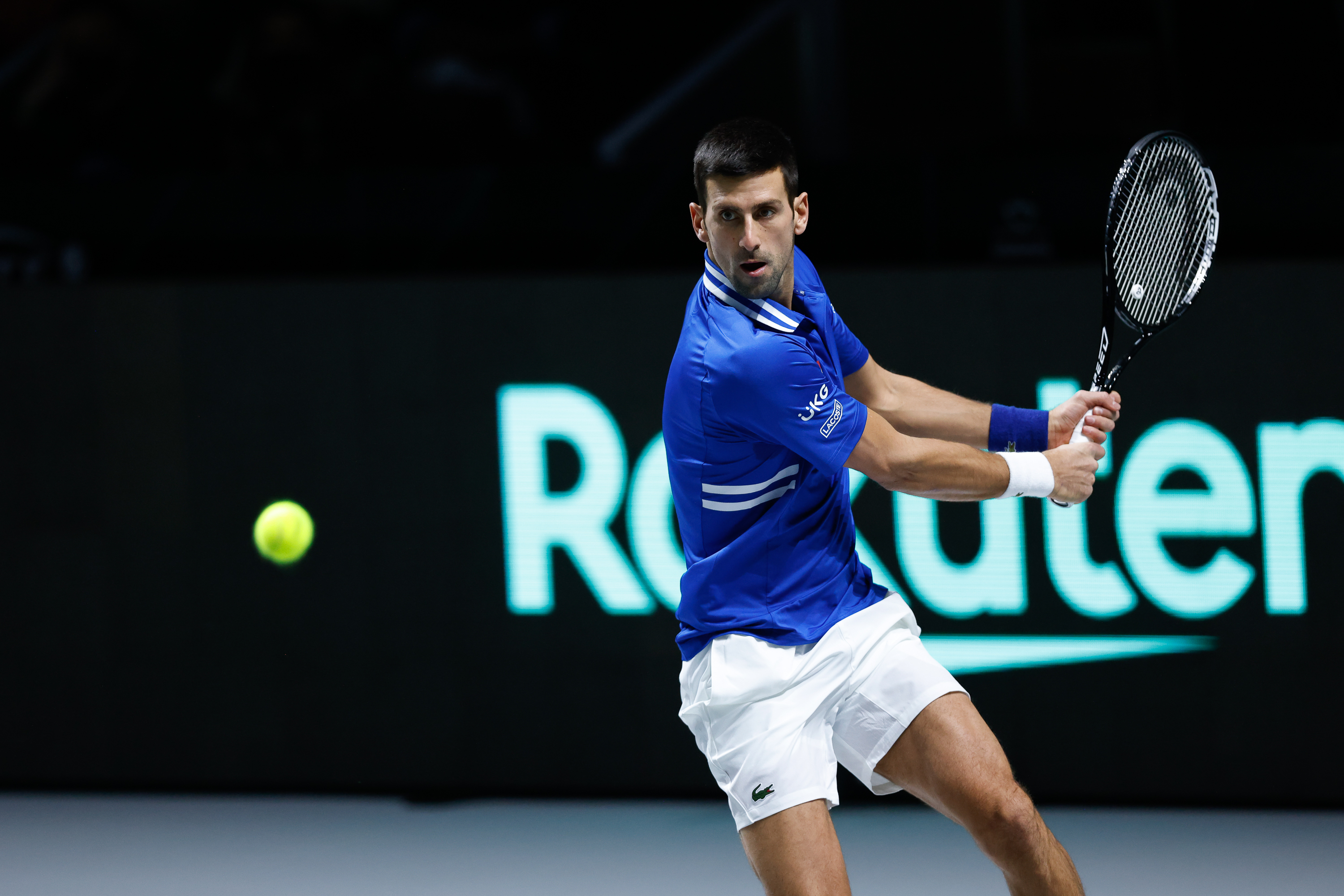 Novak Djokovic of Serbia in action during the Davis Cup Finals 2021, Semifinal 1, tennis match played between Croatia and Serbia at Madrid Arena on December 03, 2021, in Madrid, Spain. 